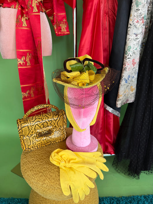 1940s Toy Yellow Floral Mesh Tilt Hat