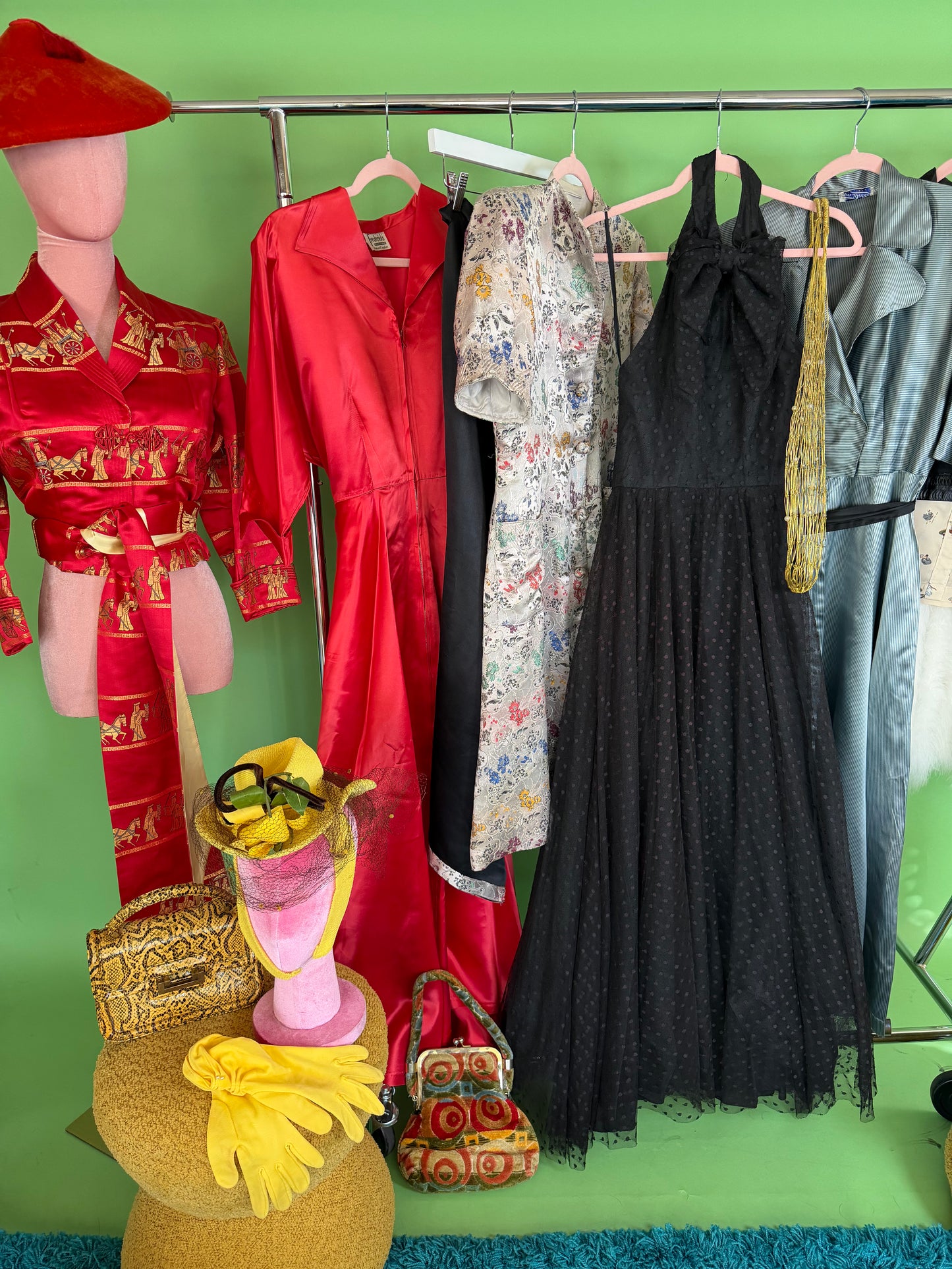 40s/ 50s Icy Silver Blue with black striped House Robe Dress XS-M