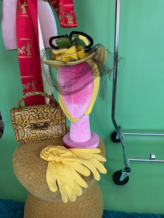 1940s Toy Yellow Floral Mesh Tilt Hat