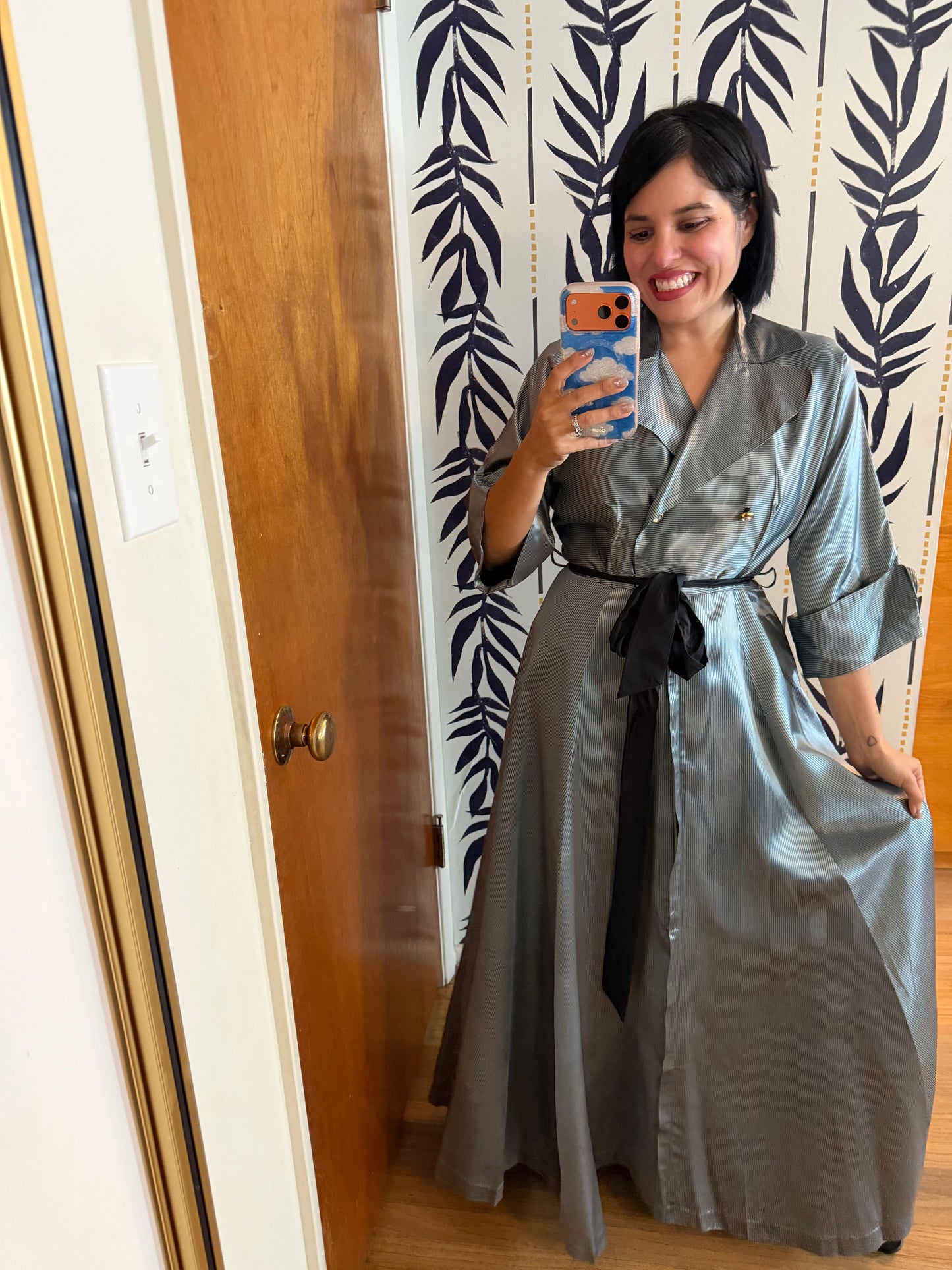 40s/ 50s Icy Silver Blue with black striped House Robe Dress XS-M