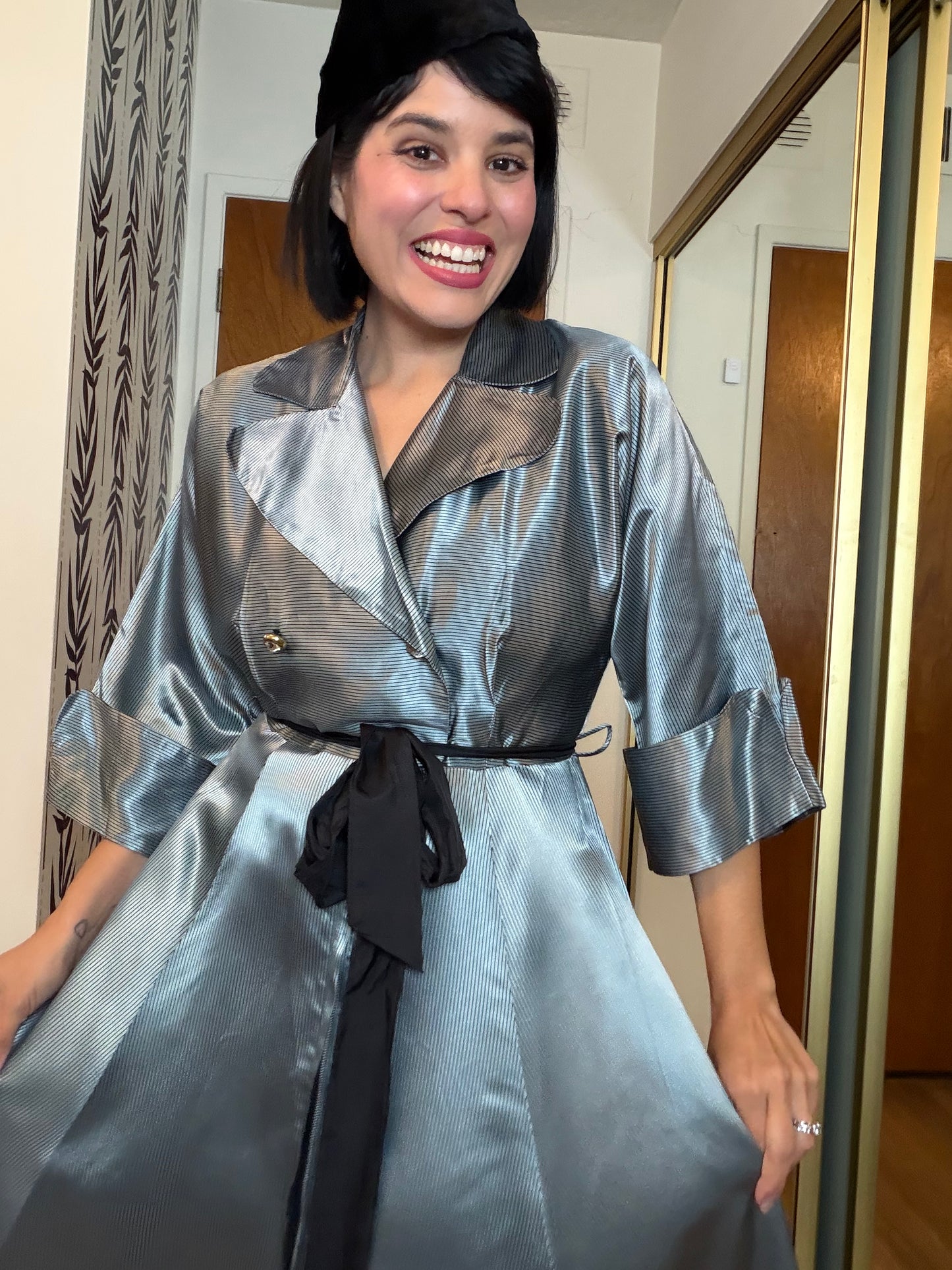 40s/ 50s Icy Silver Blue with black striped House Robe Dress XS-M