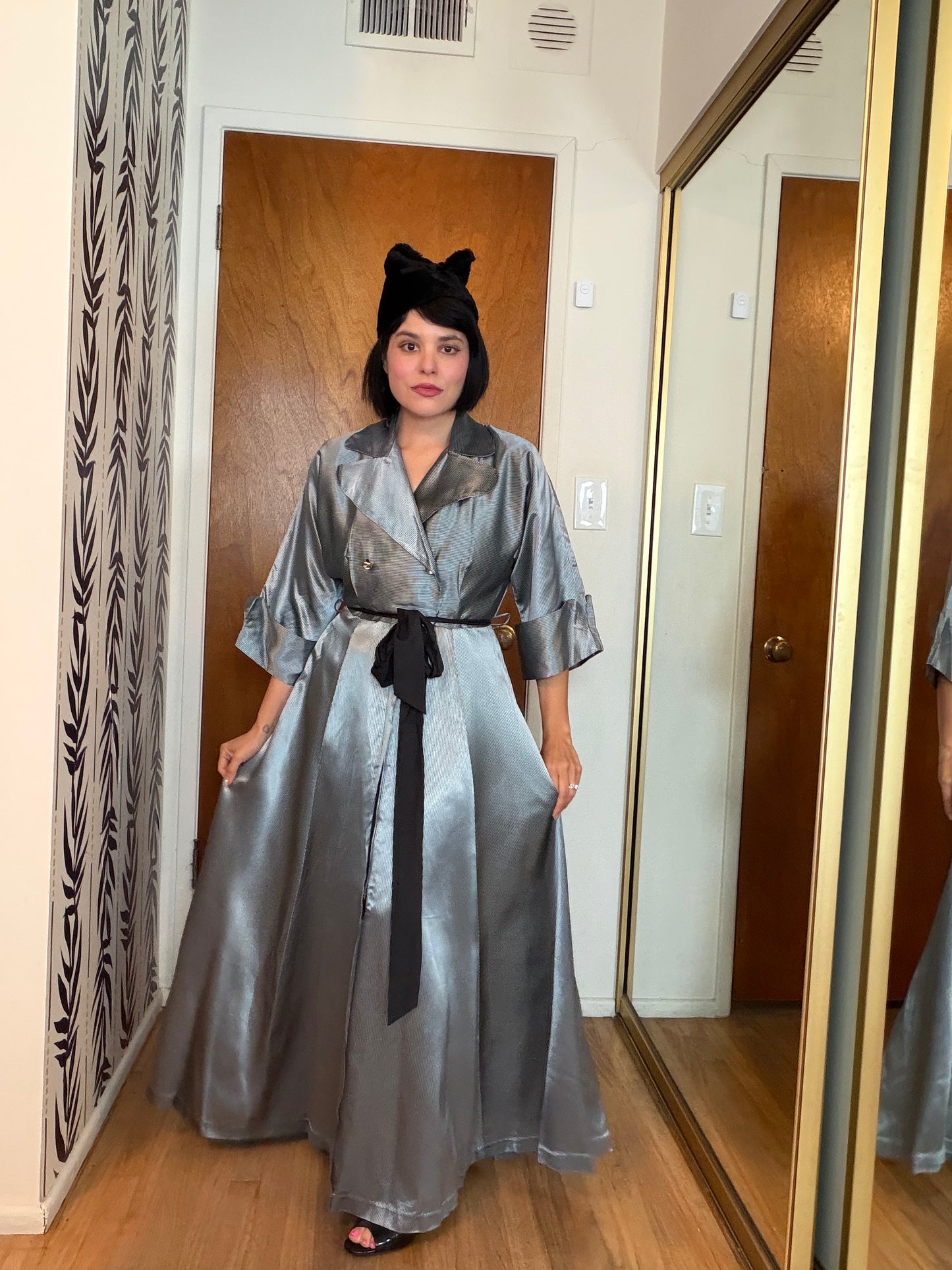 40s/ 50s Icy Silver Blue with black striped House Robe Dress XS-M