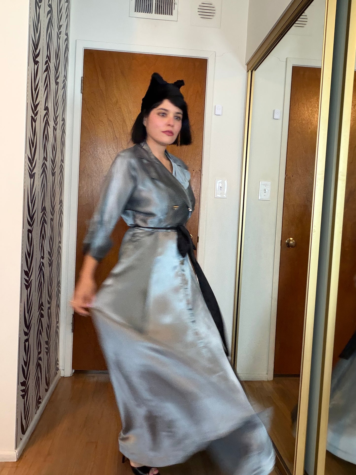 40s/ 50s Icy Silver Blue with black striped House Robe Dress XS-M