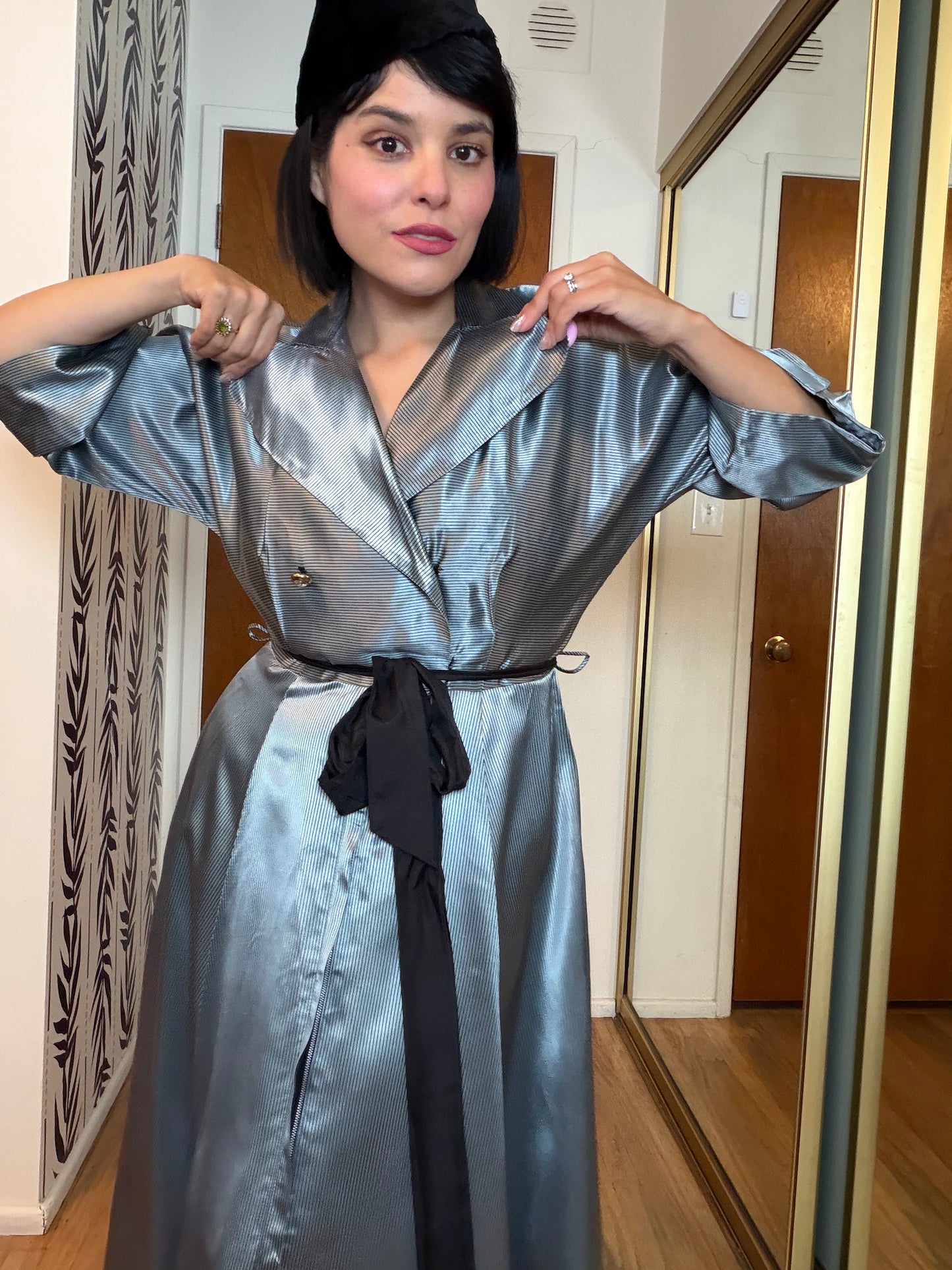 40s/ 50s Icy Silver Blue with black striped House Robe Dress XS-M