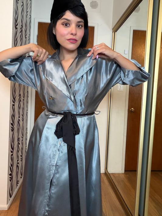 40s/ 50s Icy Silver Blue with black striped House Robe Dress XS-M