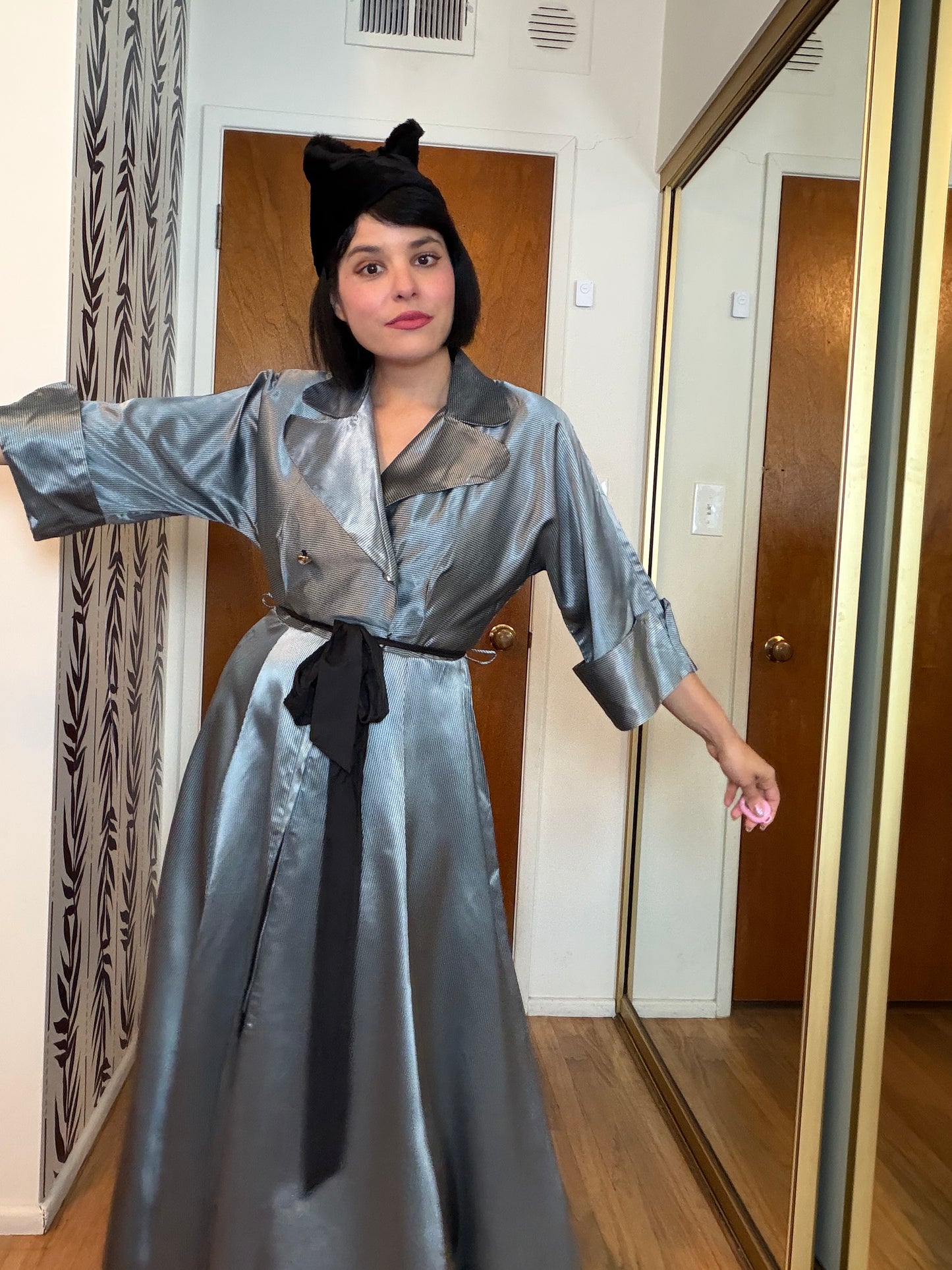 40s/ 50s Icy Silver Blue with black striped House Robe Dress XS-M