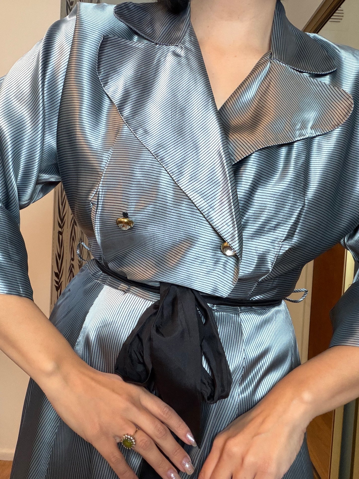 40s/ 50s Icy Silver Blue with black striped House Robe Dress XS-M