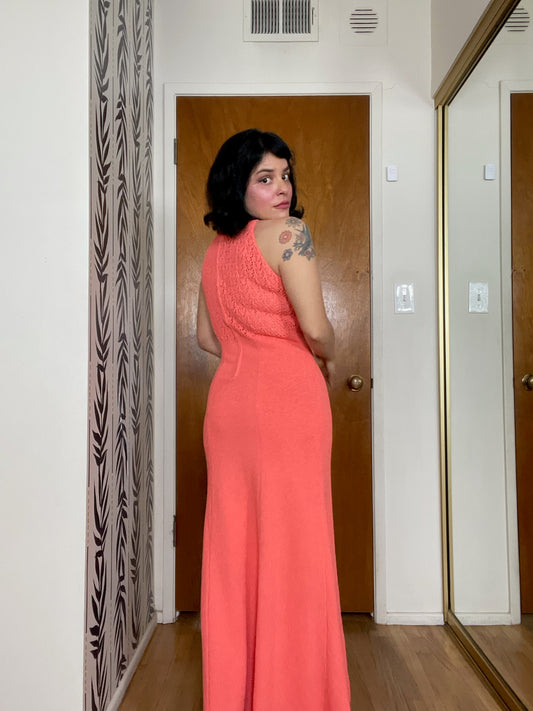 Vintage 60s 70s "Picardo Knits" Salmon Pink Slinky Maxi Dress - Best Fits Sizes XS-M & Possible Size L