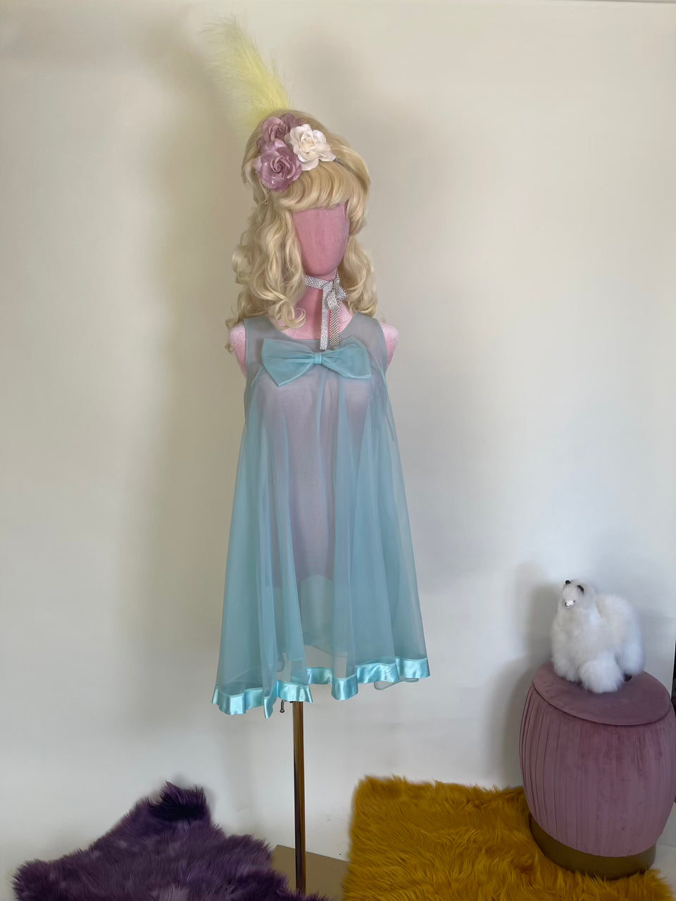 Vintage 60s "Aristocraft"  Nylon Mini Nightgown With Front Bow Fits Multiple Sizes