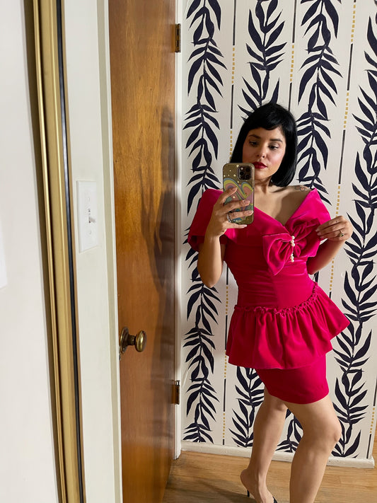 Vintage 80s 90s "J.J. Kelly Oklahoma City, OK" Reworked Hot Pink Velvet Dress - Best Fits Size S-M