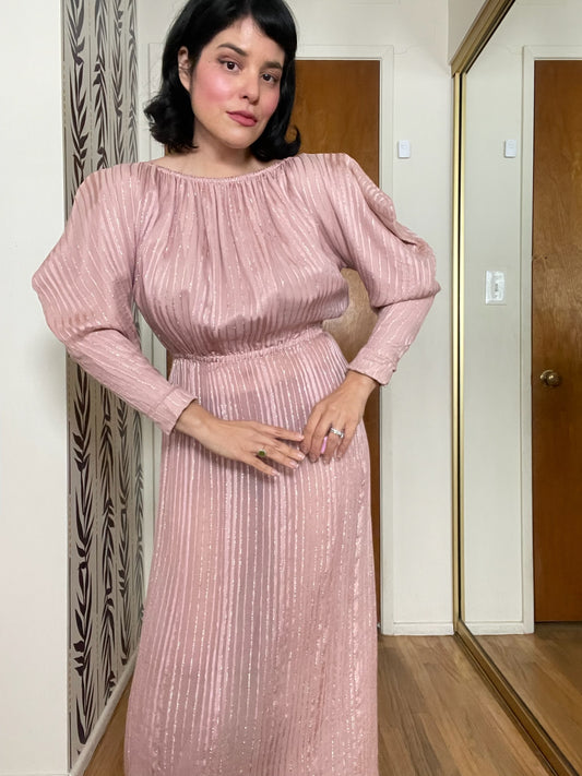 Vintage 70s 80s Pink Silk Chiffon Dress With Avant Garde Shoulders - Fits Most Sizes