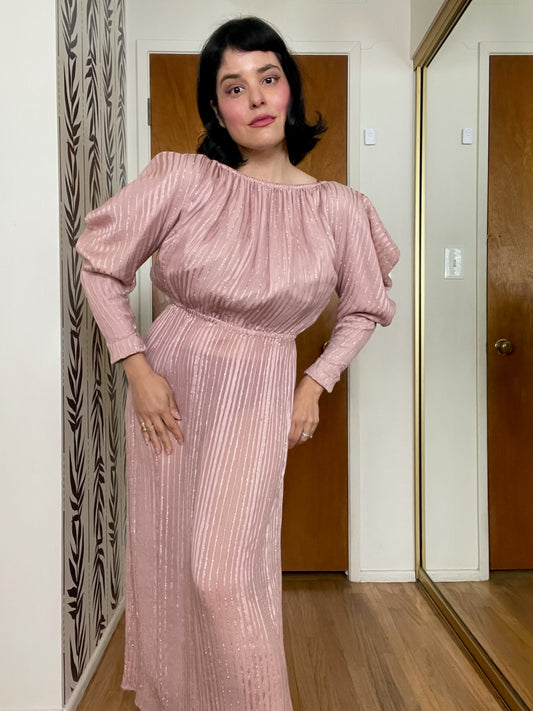Vintage 70s 80s Pink Silk Chiffon Dress With Avant Garde Shoulders - Fits Most Sizes