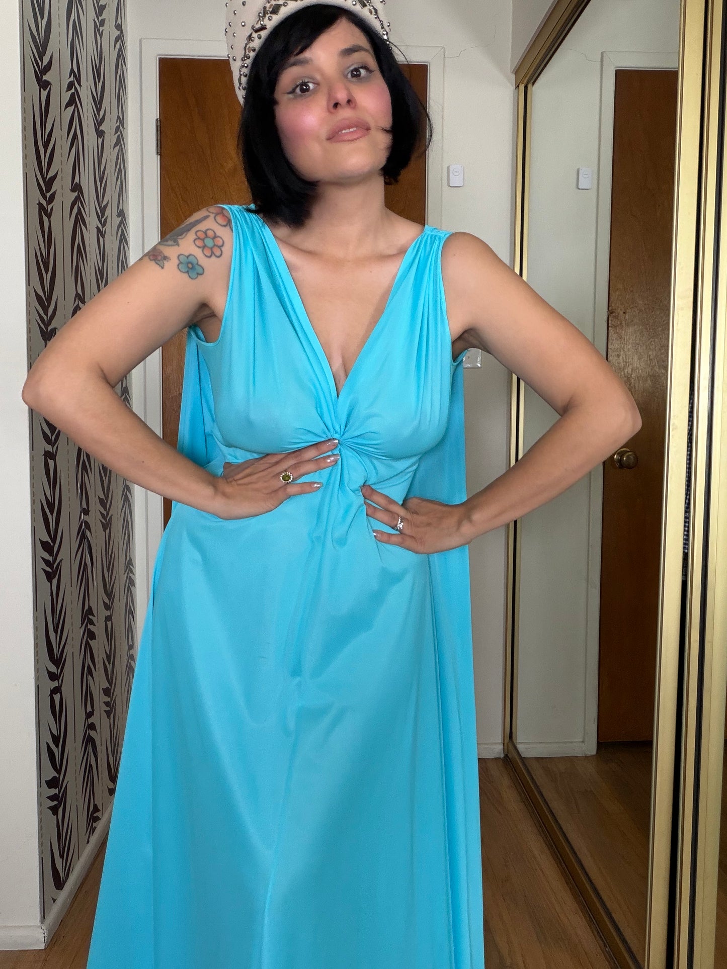 Claire Sanders by Lucie Ann Beverly Hills Blue with Feathers Duster Slip Dress XS-L