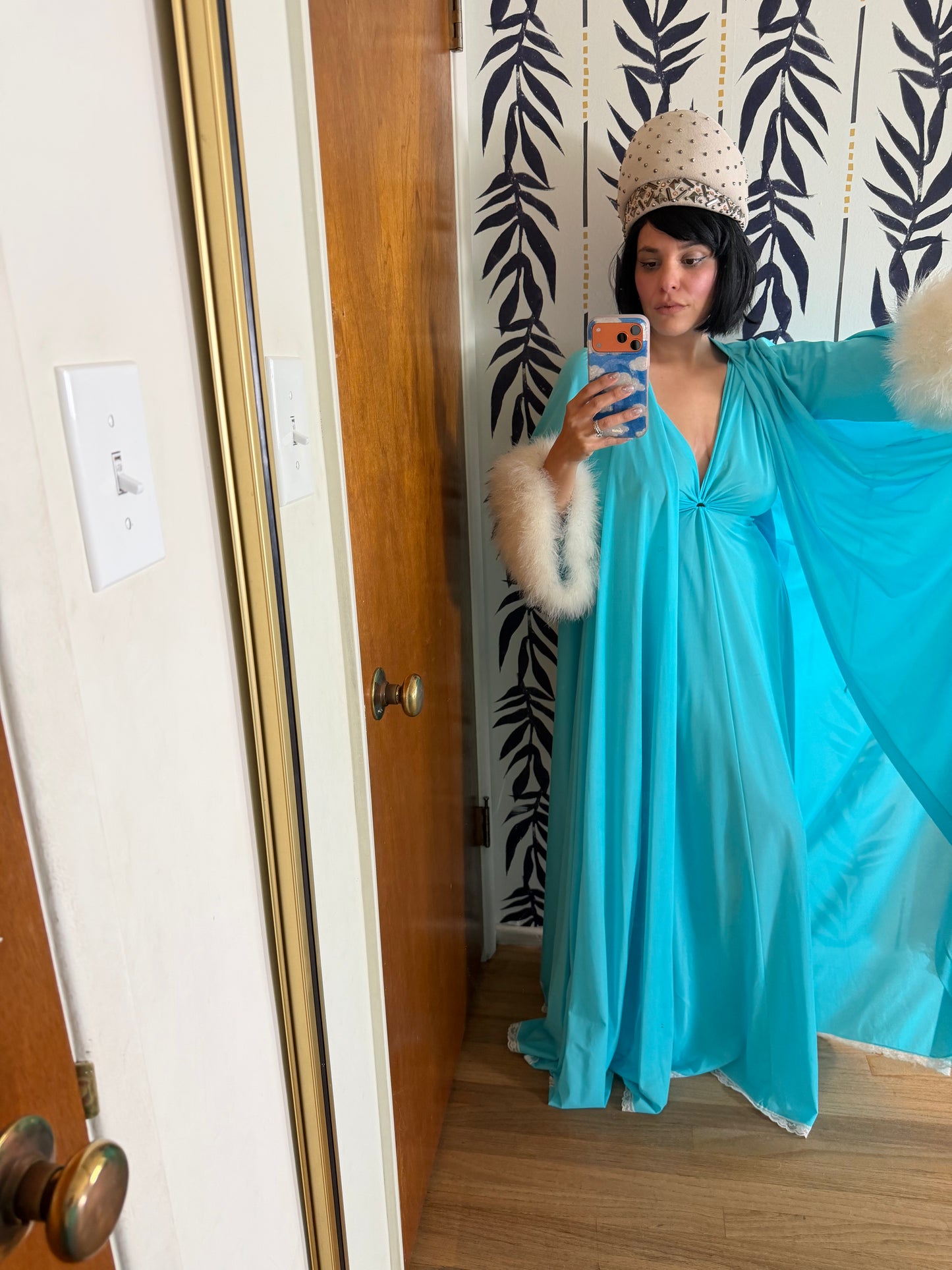 Claire Sanders by Lucie Ann Beverly Hills Blue with Feathers Duster Slip Dress XS-L