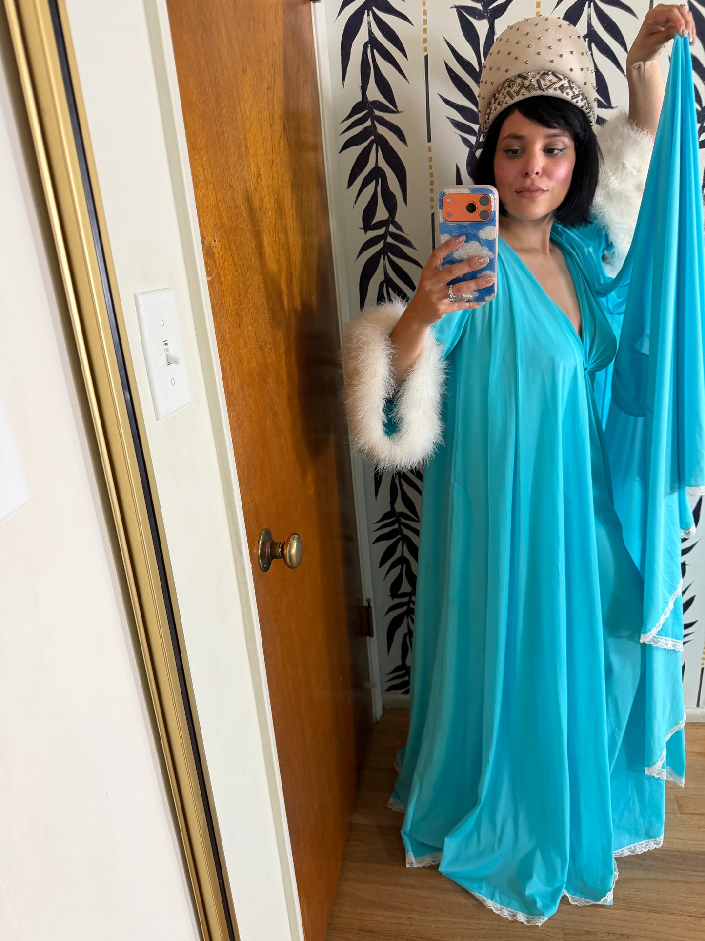 Claire Sanders by Lucie Ann Beverly Hills Blue with Feathers Duster Slip Dress XS-L