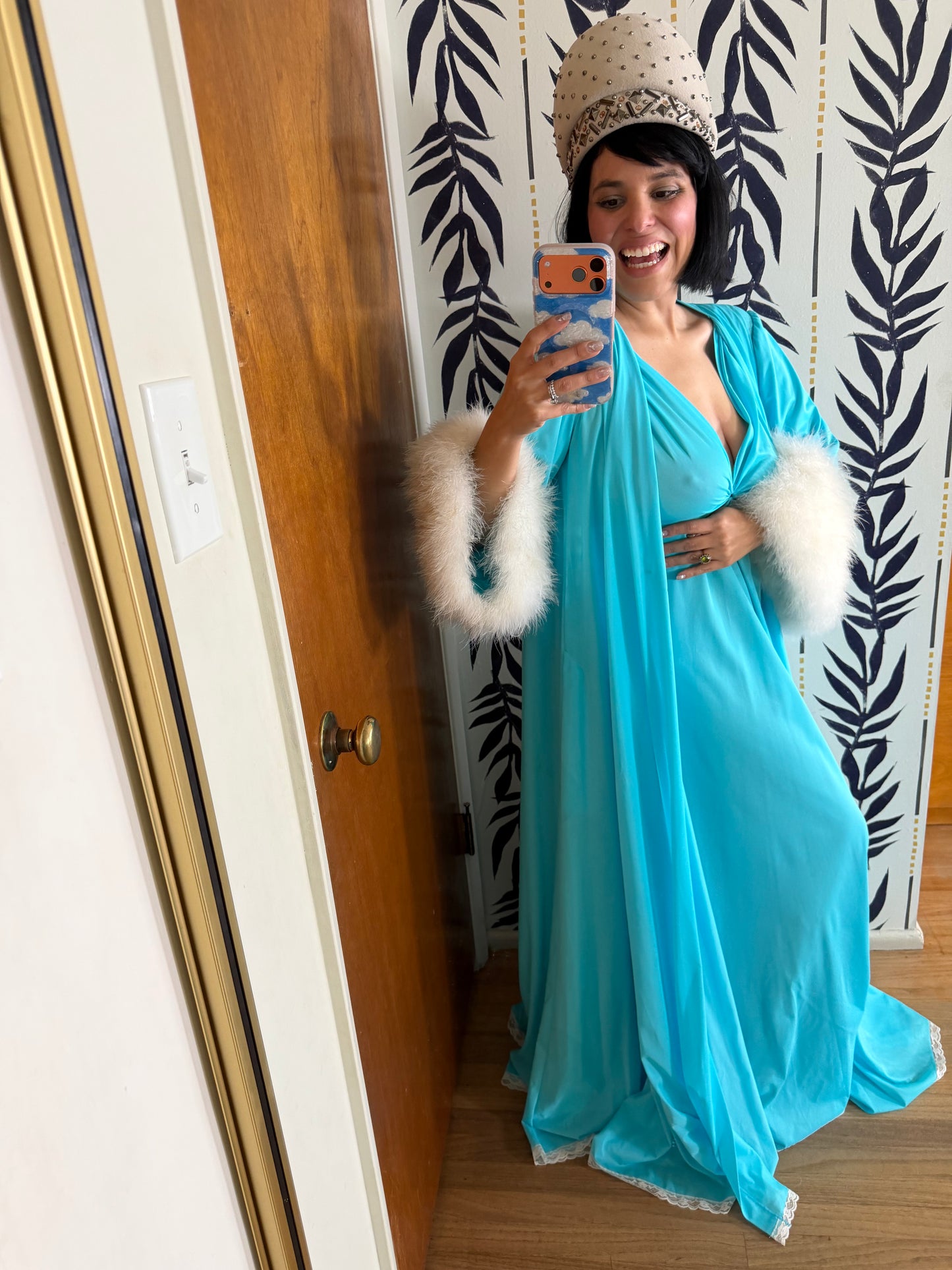 Claire Sanders by Lucie Ann Beverly Hills Blue with Feathers Duster Slip Dress XS-L