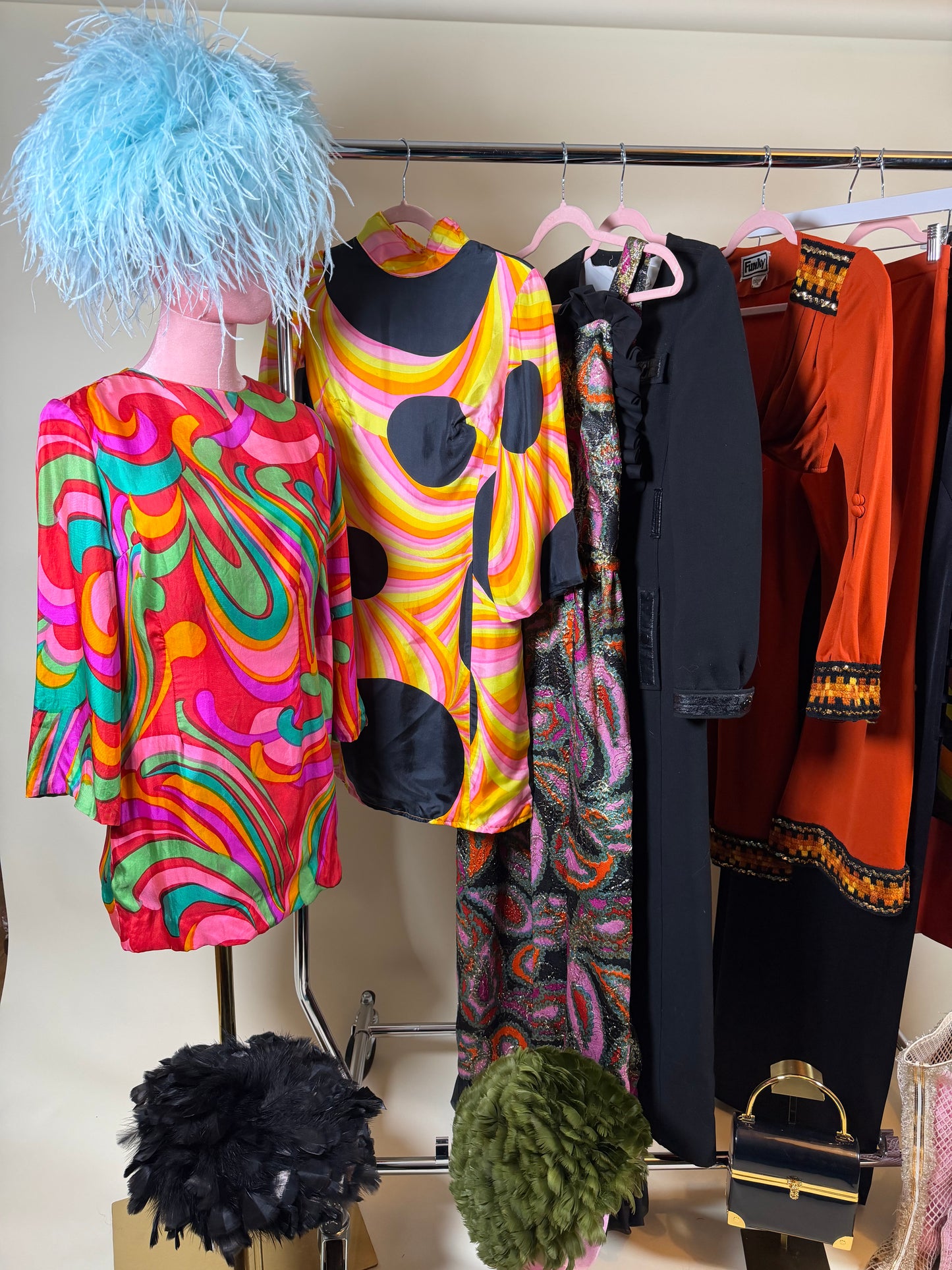 60s Black Silk Polkadot Psychedelic Mini Dress Fits XS-SM