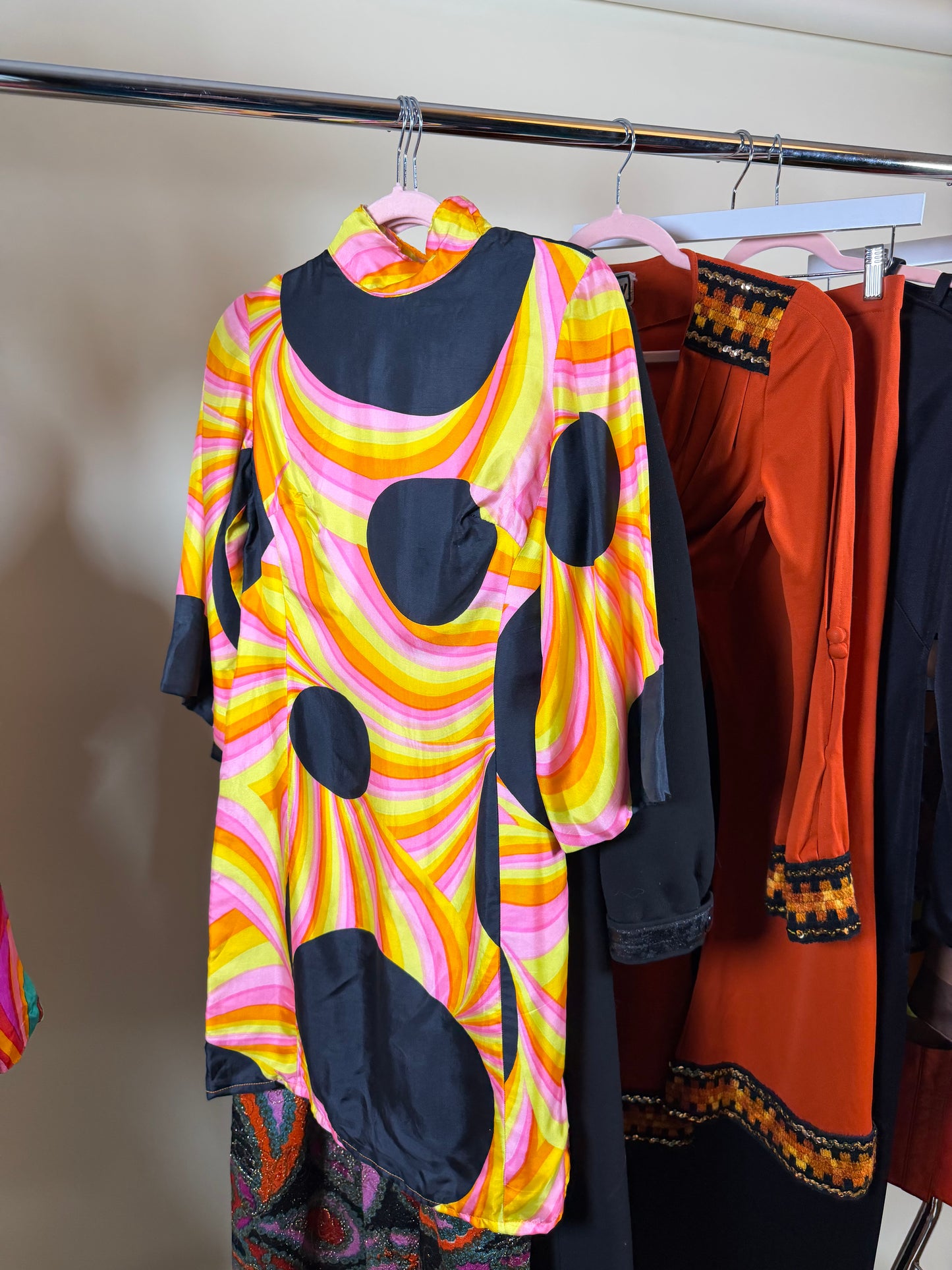 60s Black Silk Polkadot Psychedelic Mini Dress Fits XS-SM