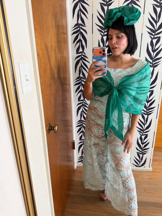 50s / 60s Emerald Green Don Marshall Chiffon Shawl & Fascinator Rose Hat Fits Most Sizes