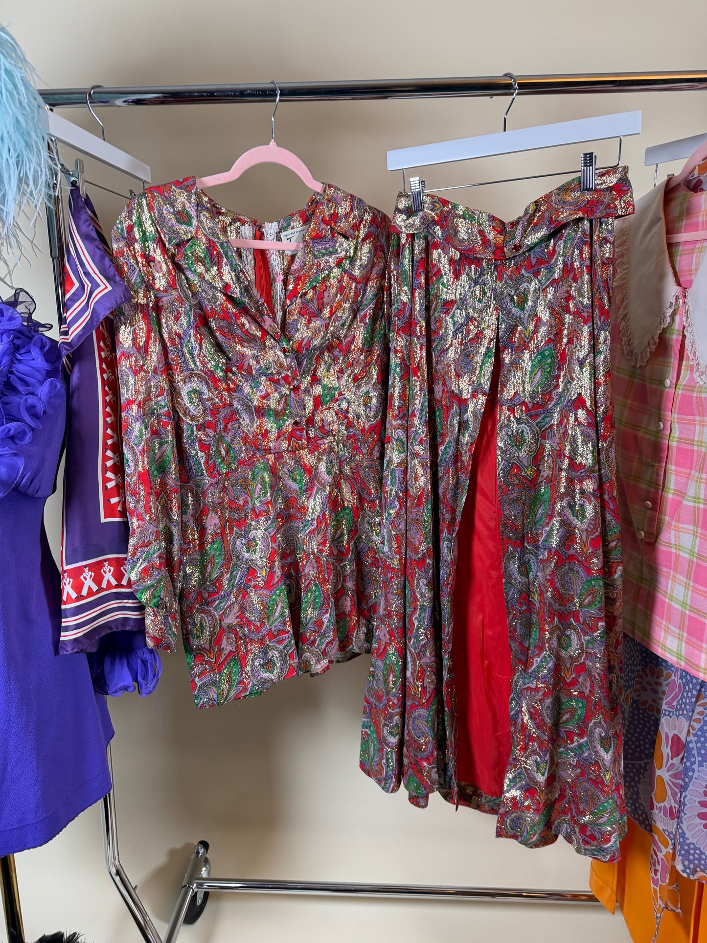 Vintage 60s Red Brocade Paisley Hostess Set by Tina Weiss Fits XS-SM and Possible size M