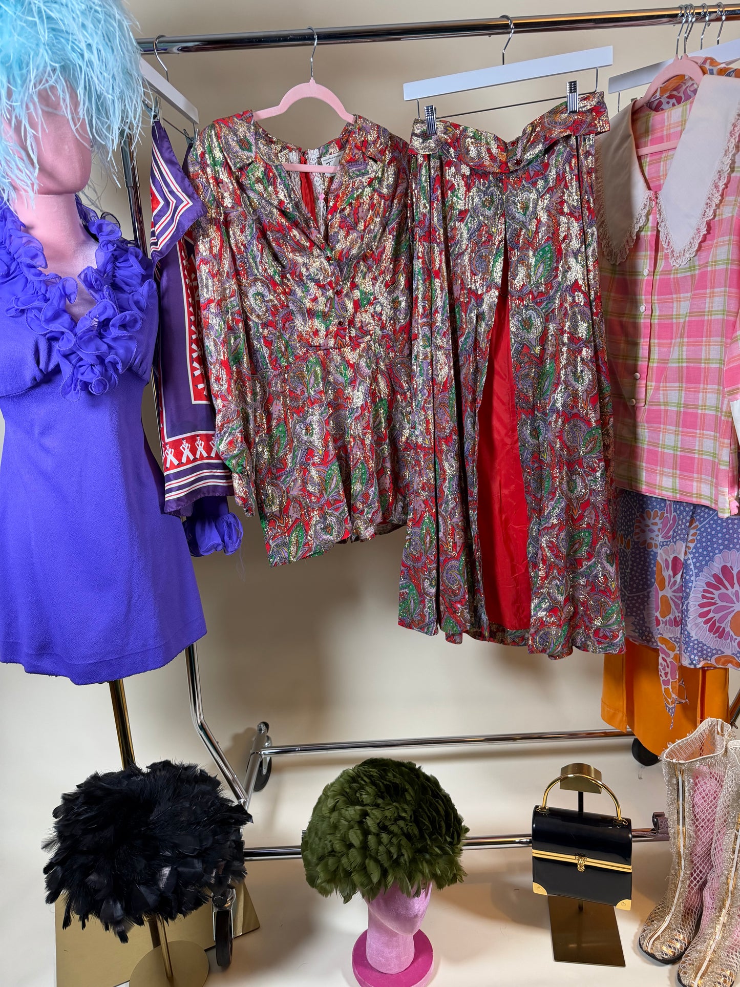 Vintage 60s Red Brocade Paisley Hostess Set by Tina Weiss Fits XS-SM and Possible size M