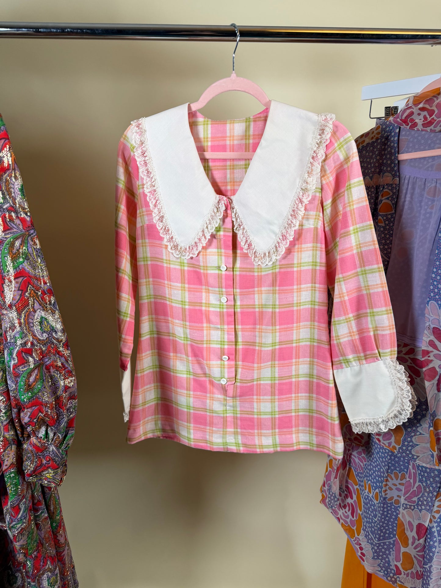 60s Pastel Pink Plaid Ultra Mini Tunic Dress Fits XS-SM