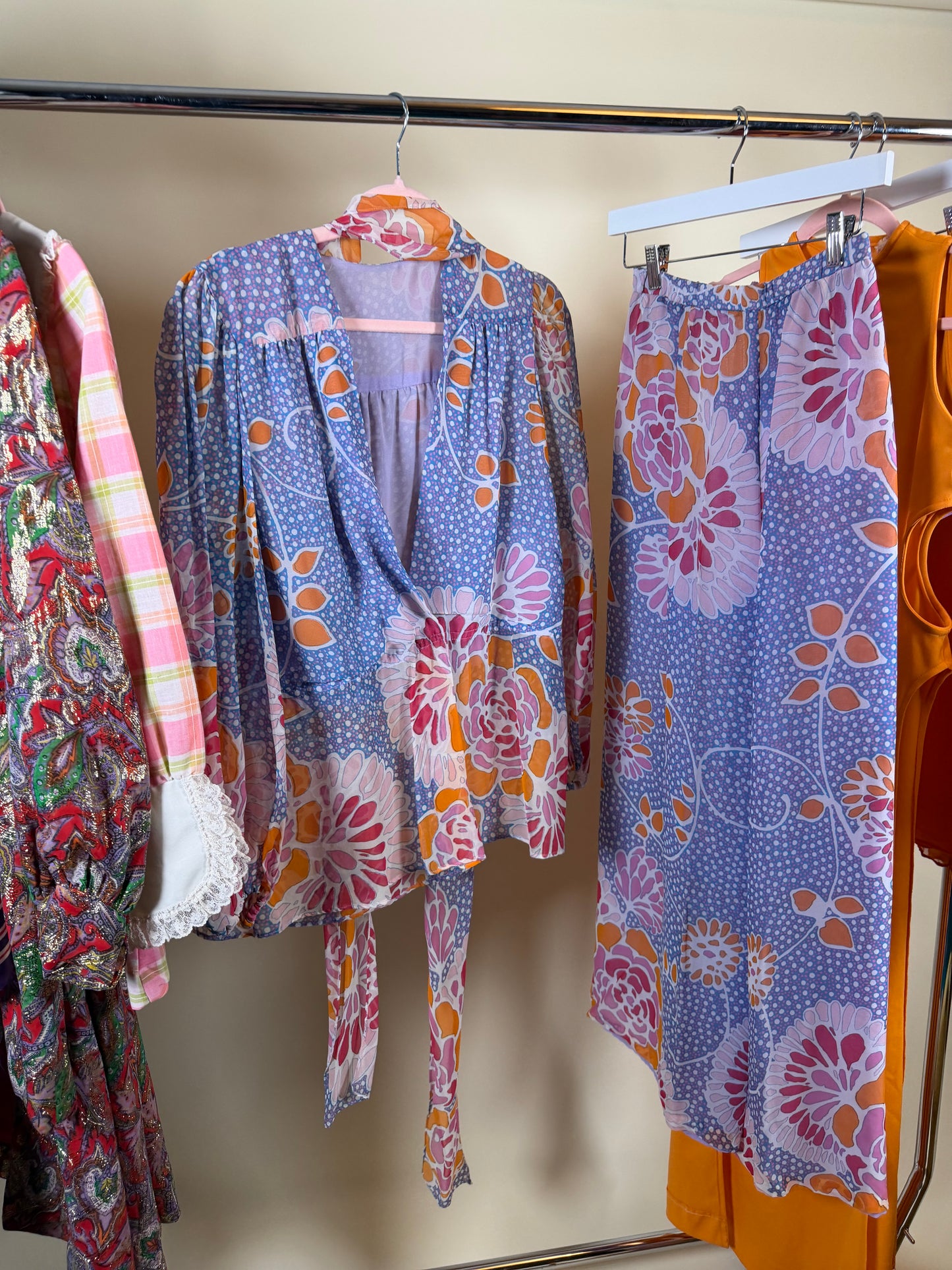 Vintage 60s Floral Silk Chiffon Pant Set by Albert Capraro Fits XS-M