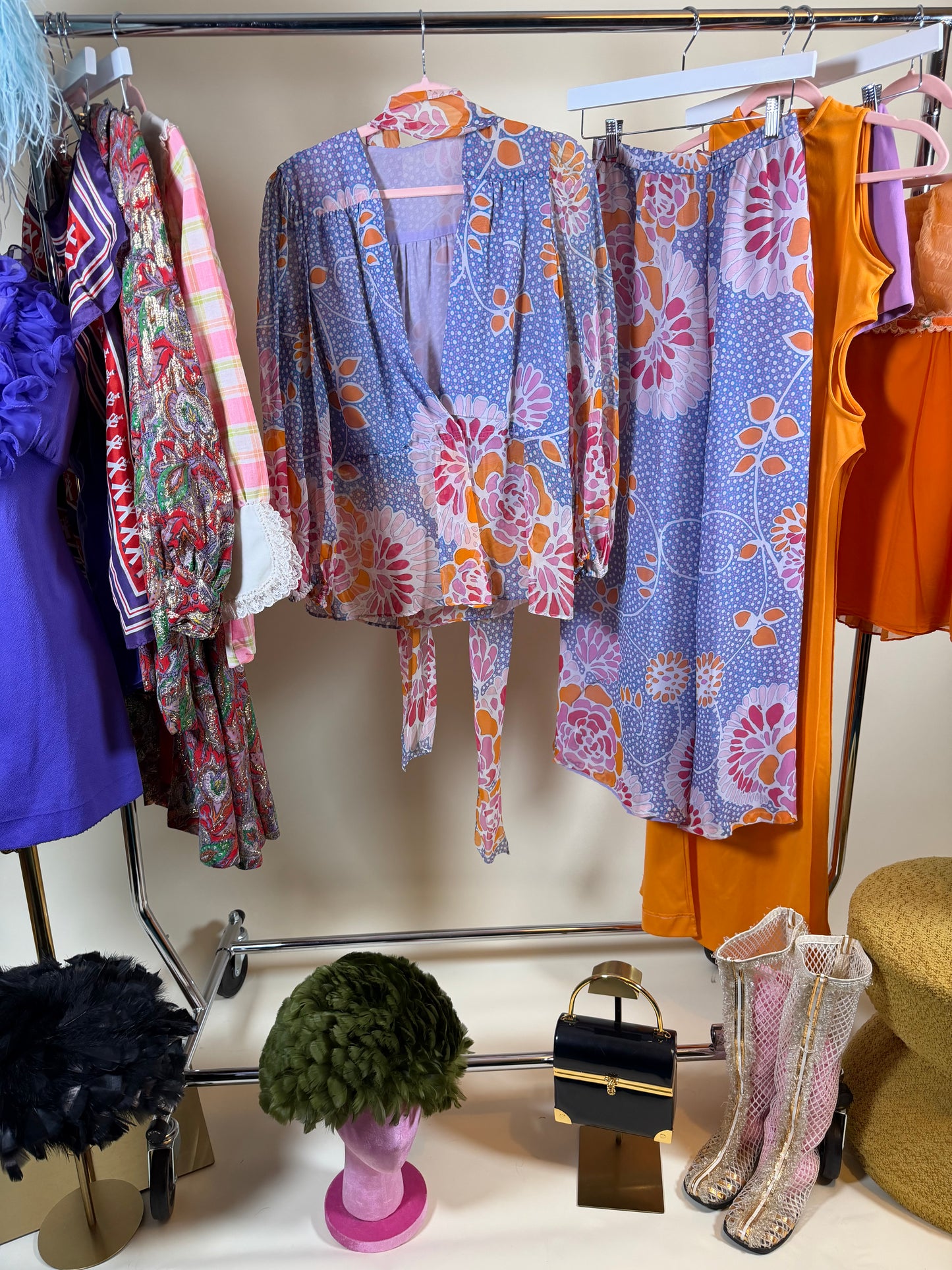 Vintage 60s Floral Silk Chiffon Pant Set by Albert Capraro Fits XS-M