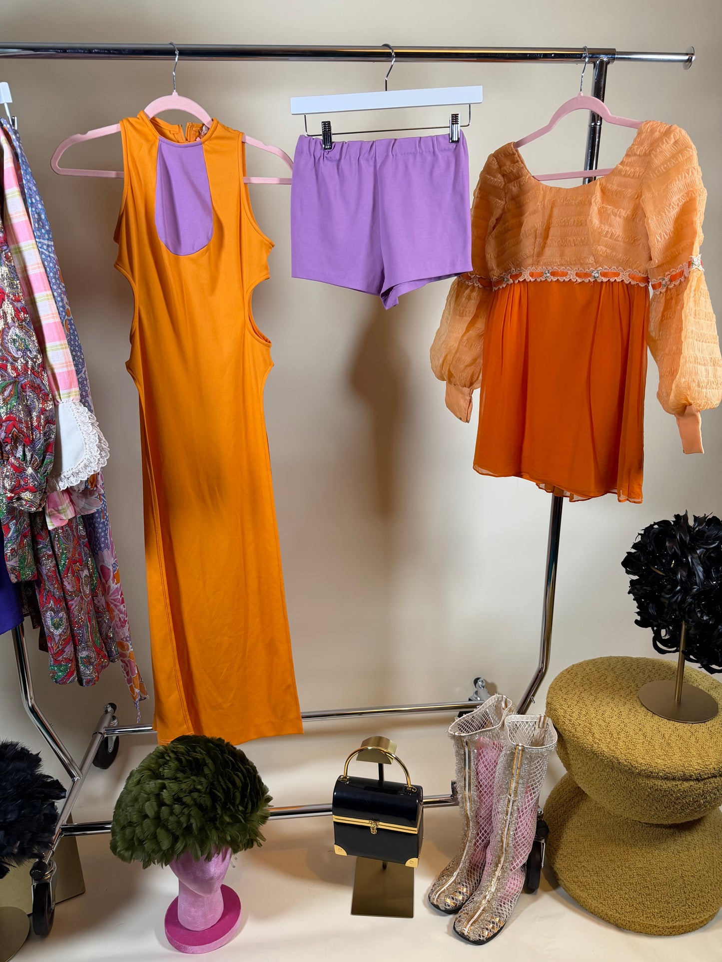 Vintage 60s Peachy Chiffon Juliet Mini Dress XS