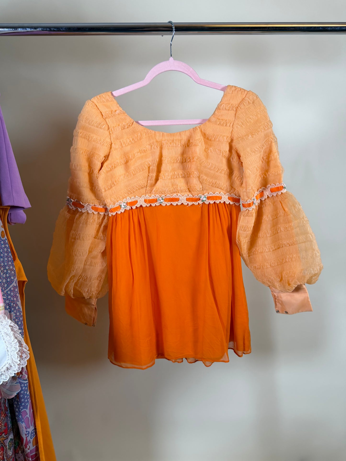 Vintage 60s Peachy Chiffon Juliet Mini Dress XS