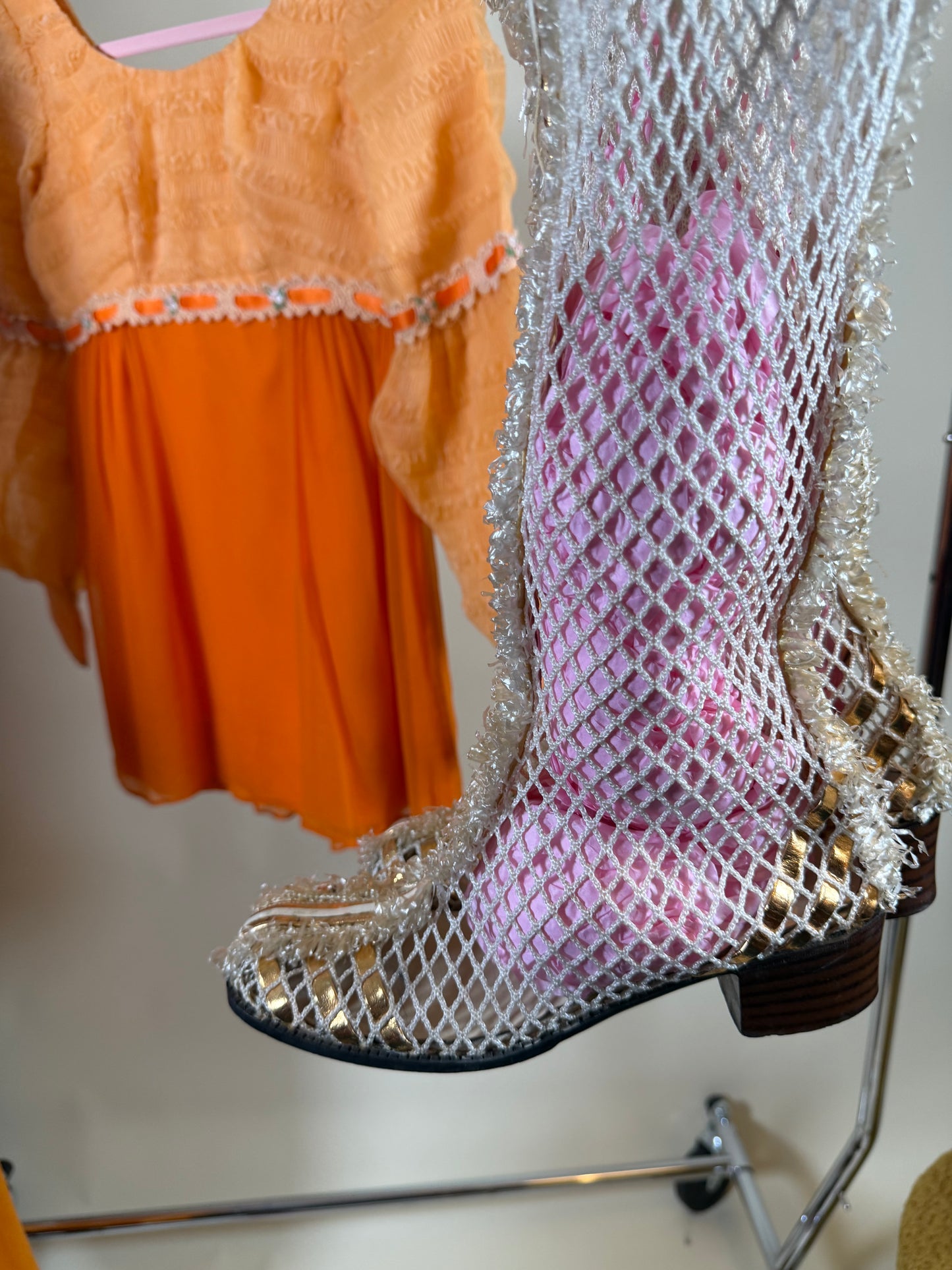 Vintage 60s Peachy Chiffon Juliet Mini Dress XS