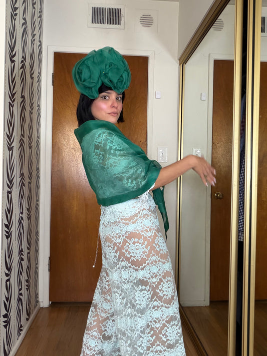 50s / 60s Emerald Green Don Marshall Chiffon Shawl & Fascinator Rose Hat Fits Most Sizes