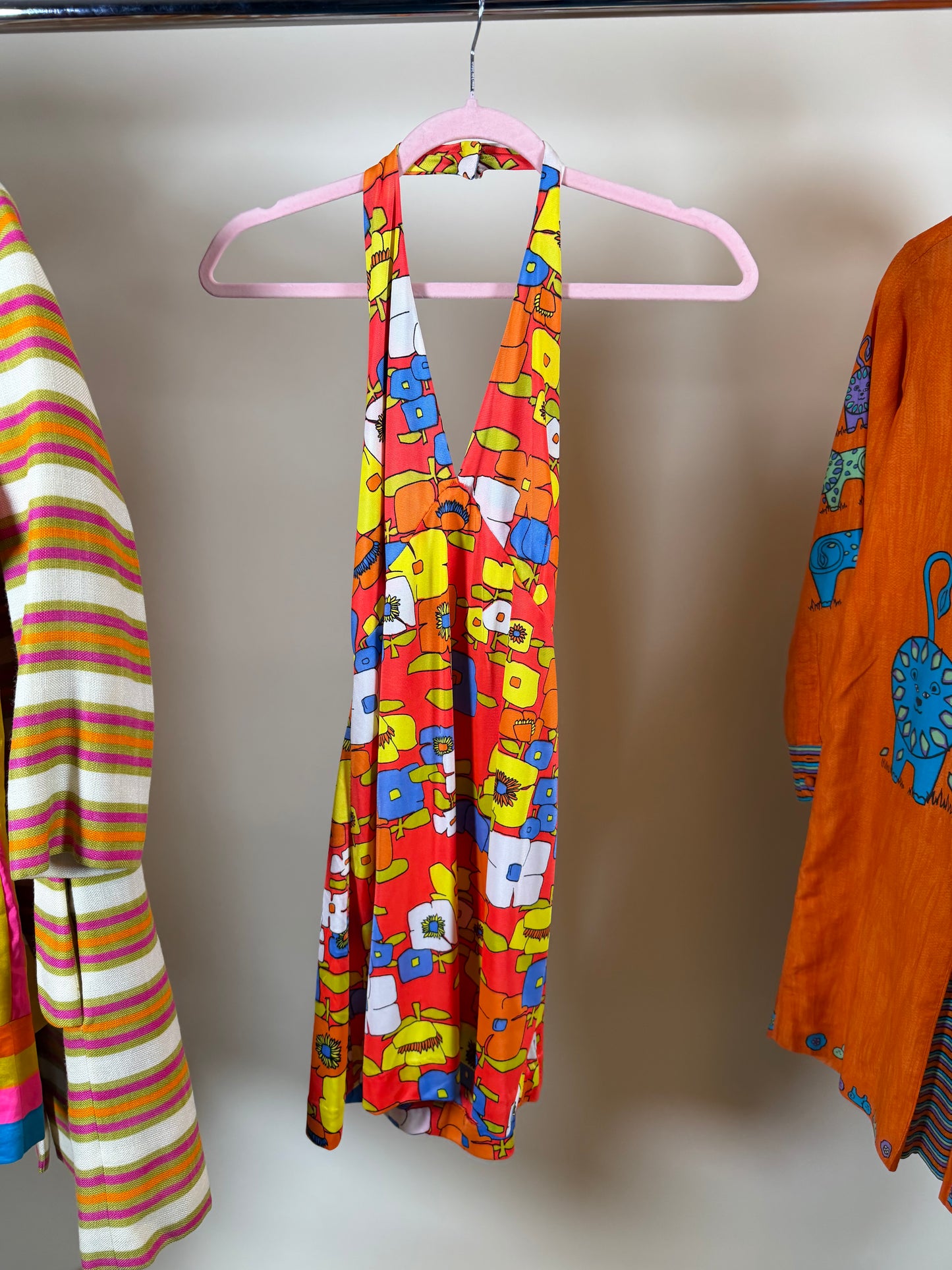 Vintage 60s Vibrant Flower Power Halter Dress Fits XS-M