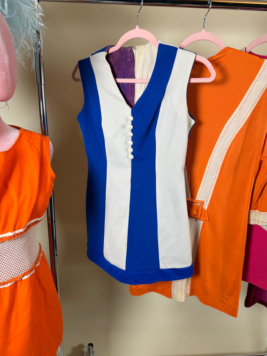 Vintage Mod 60s Blue and White Colorblock Stripe Mini Dress Fits XS-SM