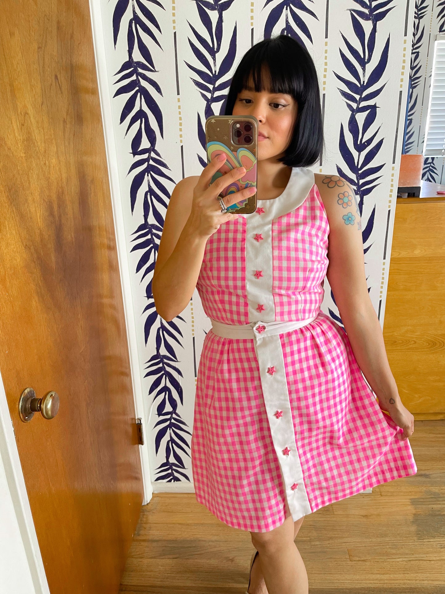 Vintage 1960s Gingham Star Buttons Pink White Romper Cotton Skirt Playsuit Set fits sizes XS-SM
