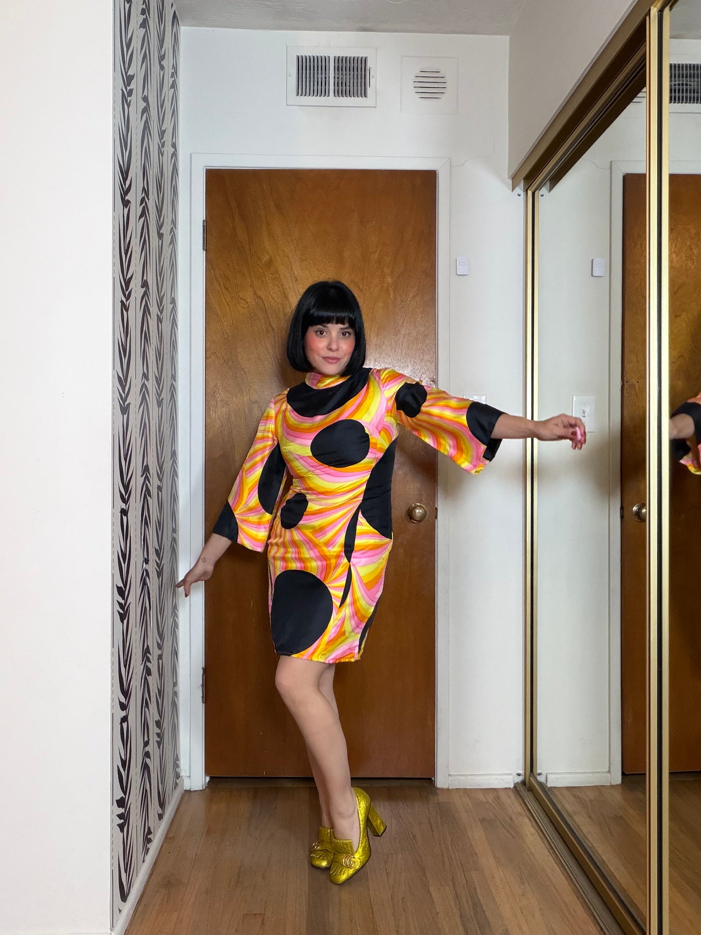 60s Black Silk Polkadot Psychedelic Mini Dress Fits XS-SM