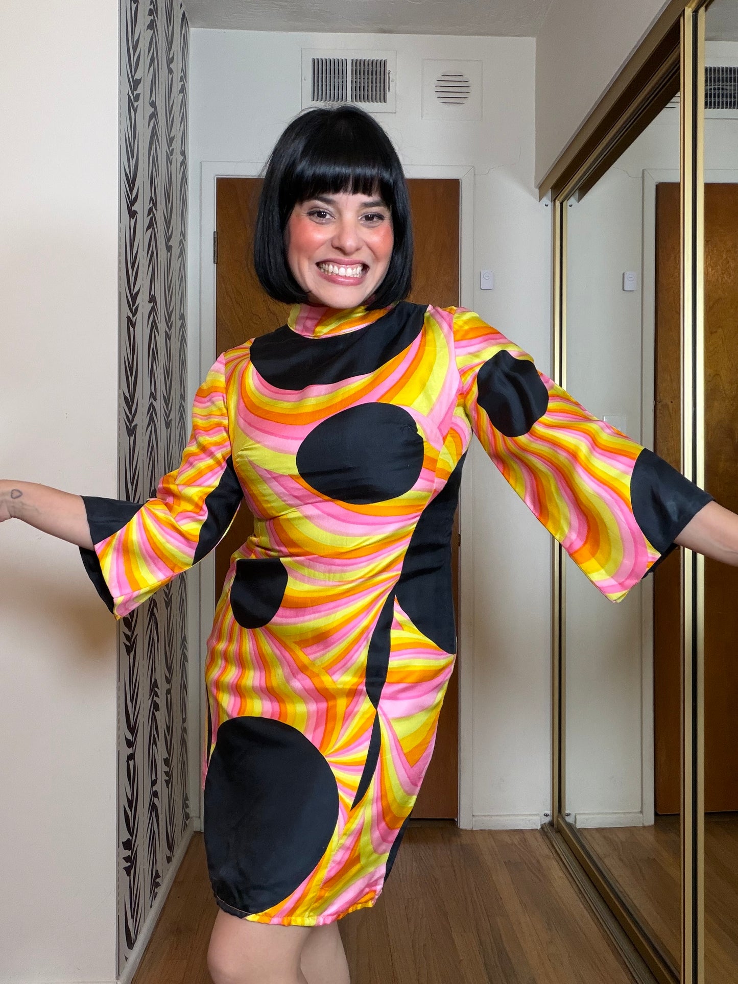 60s Black Silk Polkadot Psychedelic Mini Dress Fits XS-SM