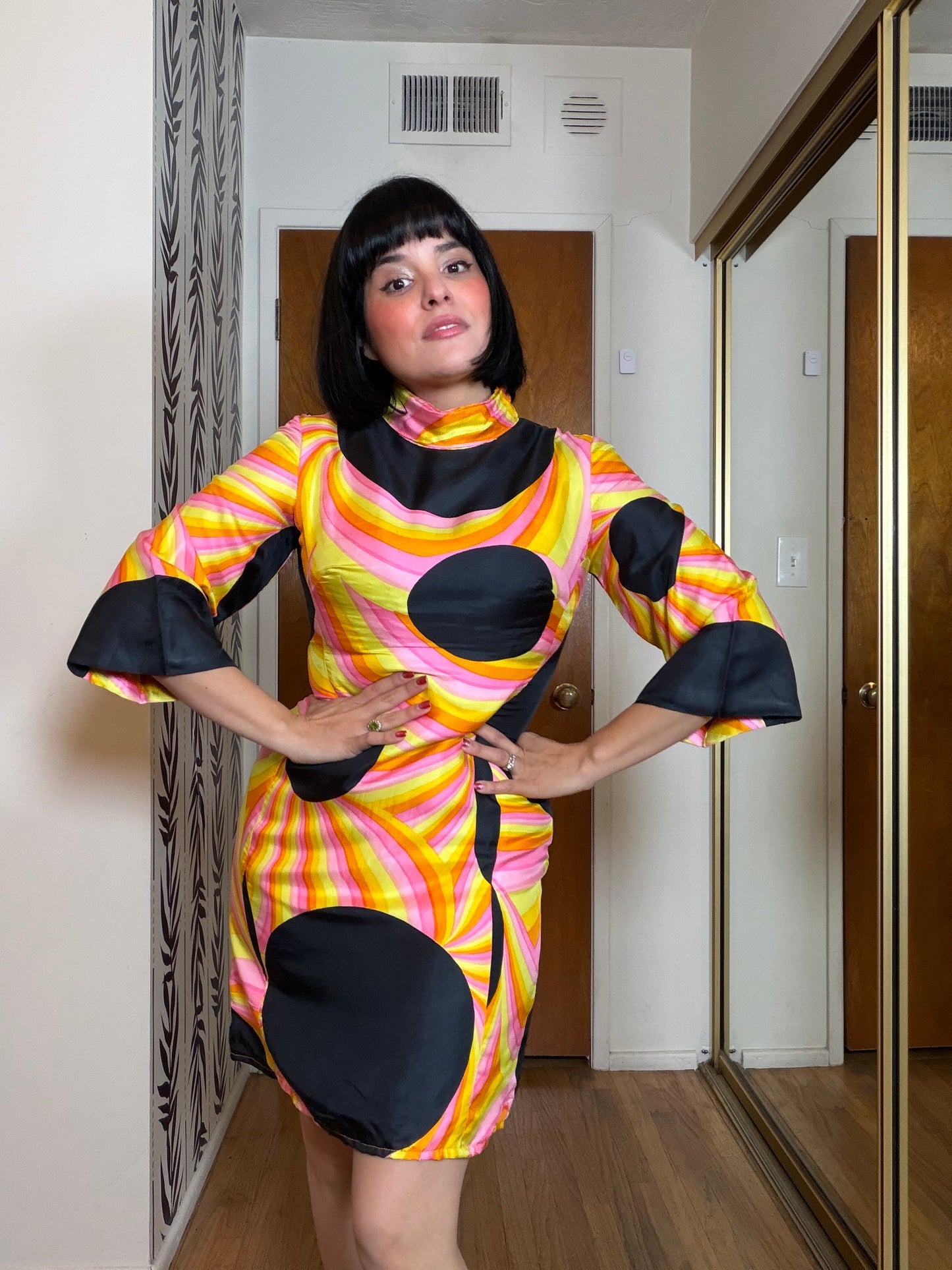 60s Black Silk Polkadot Psychedelic Mini Dress Fits XS-SM