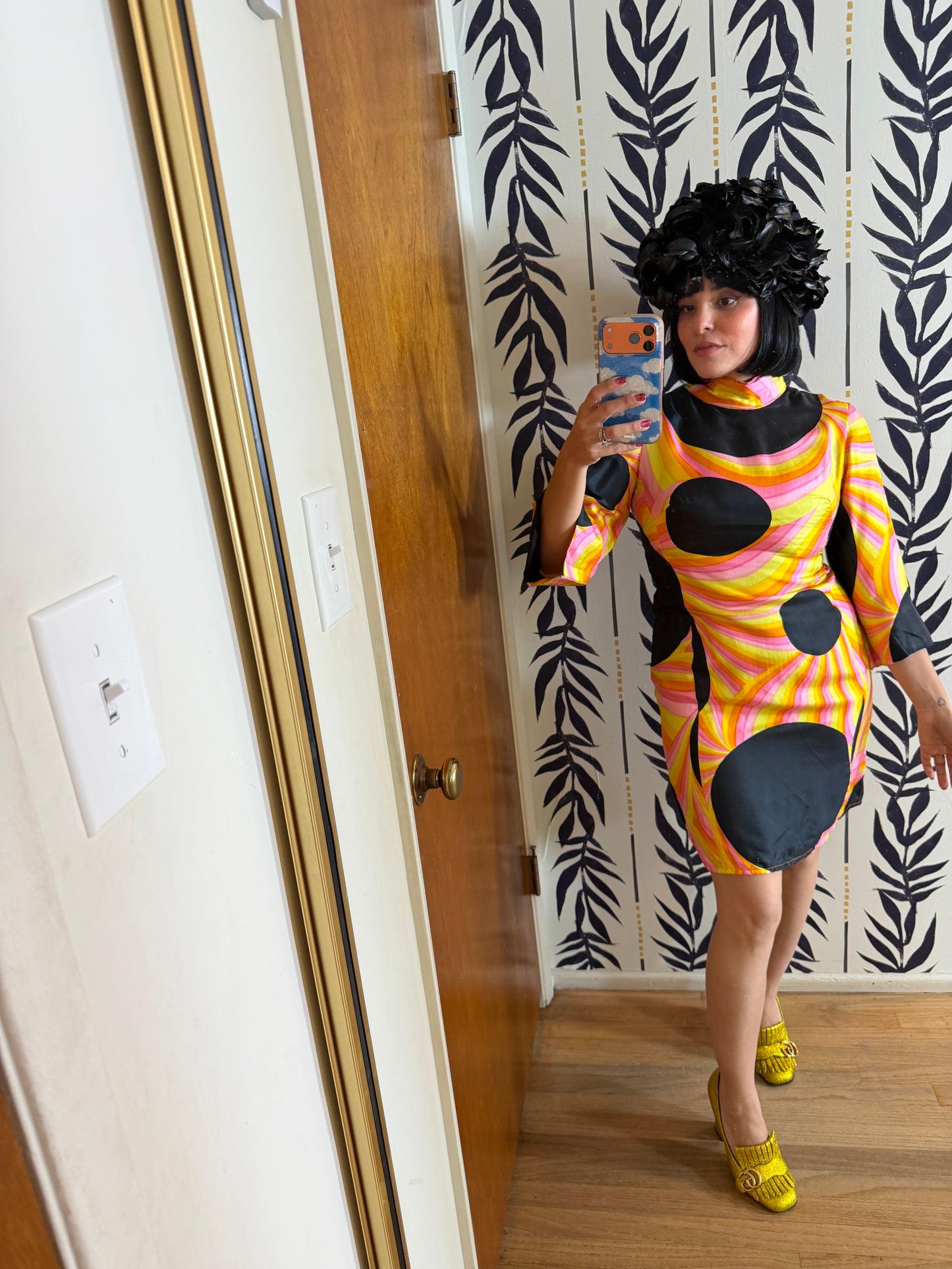 60s Black Silk Polkadot Psychedelic Mini Dress Fits XS-SM