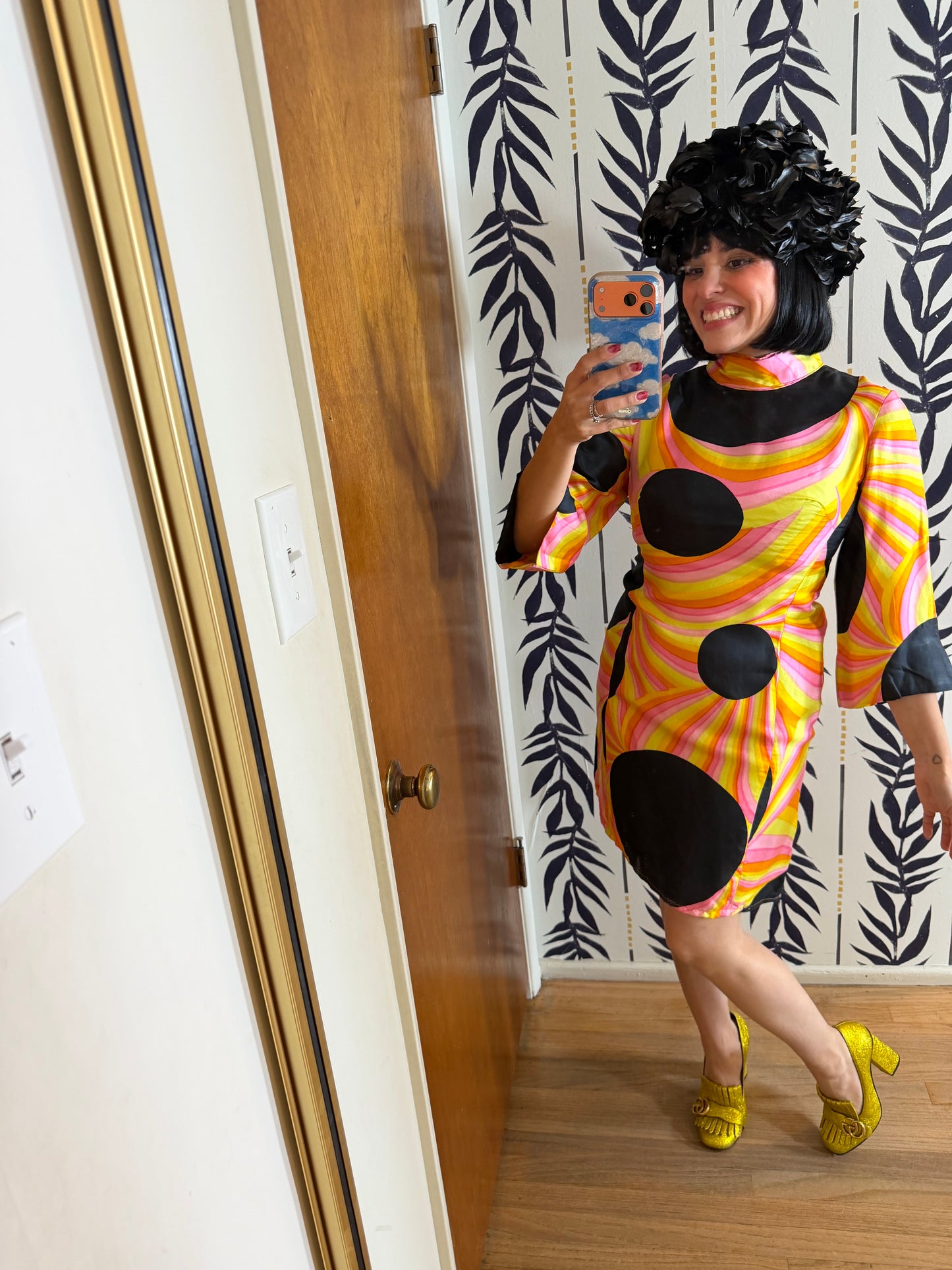 60s Black Silk Polkadot Psychedelic Mini Dress Fits XS-SM