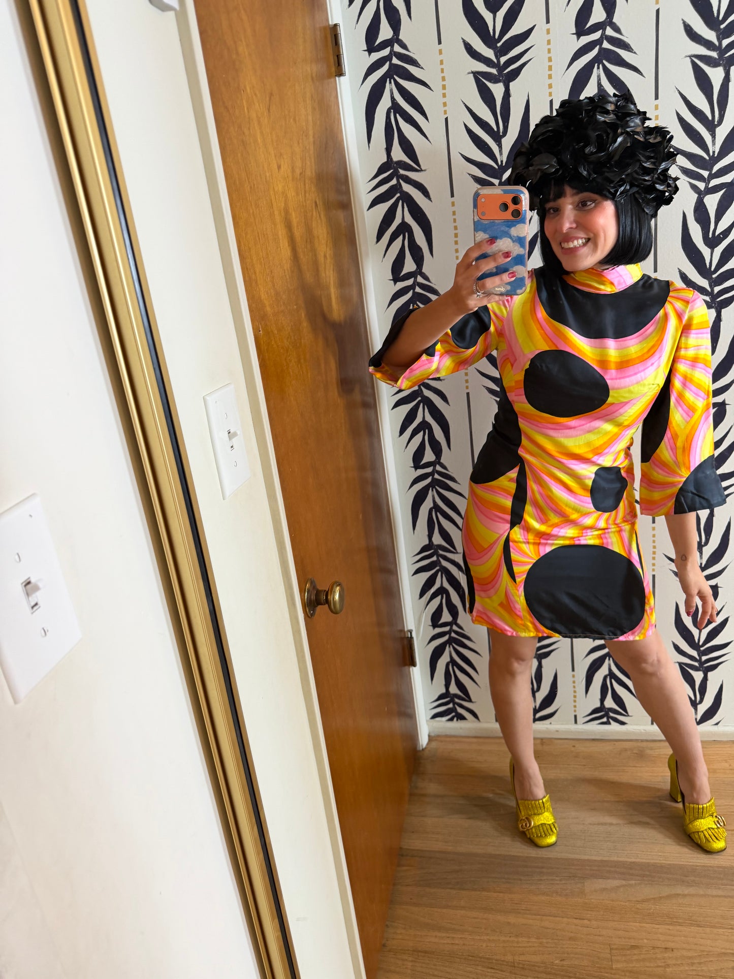 60s Black Silk Polkadot Psychedelic Mini Dress Fits XS-SM