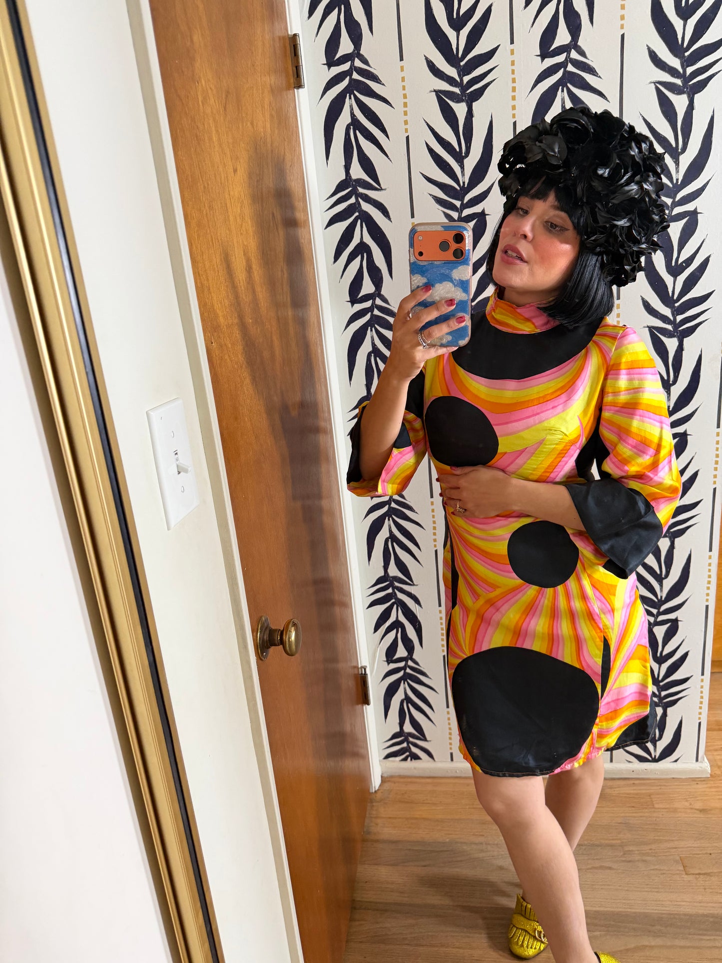 60s Black Silk Polkadot Psychedelic Mini Dress Fits XS-SM