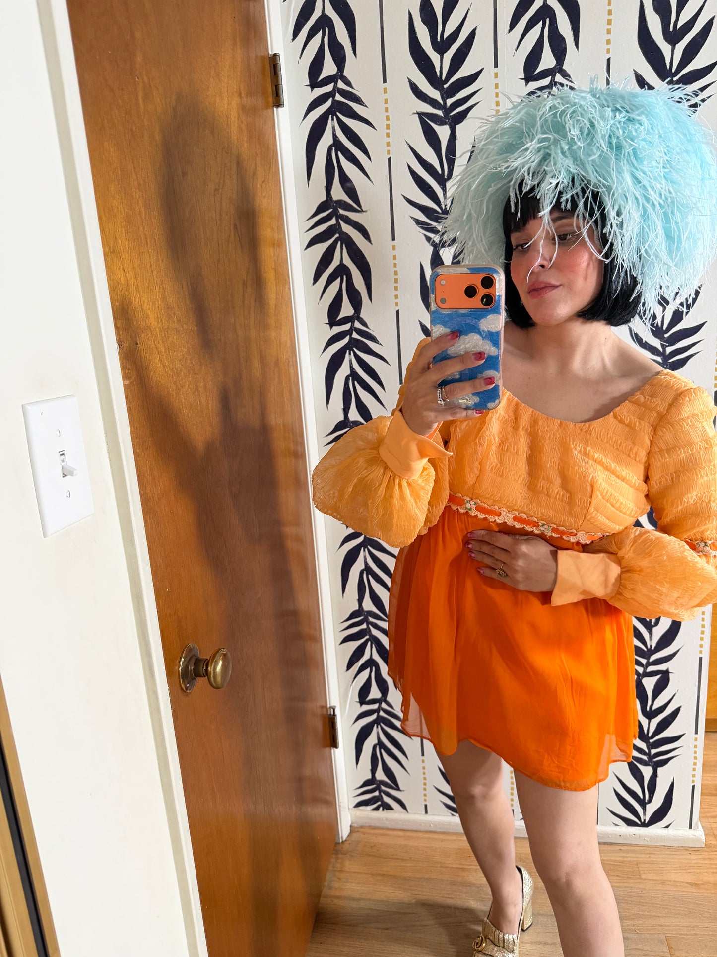 Vintage 60s Peachy Chiffon Juliet Mini Dress XS