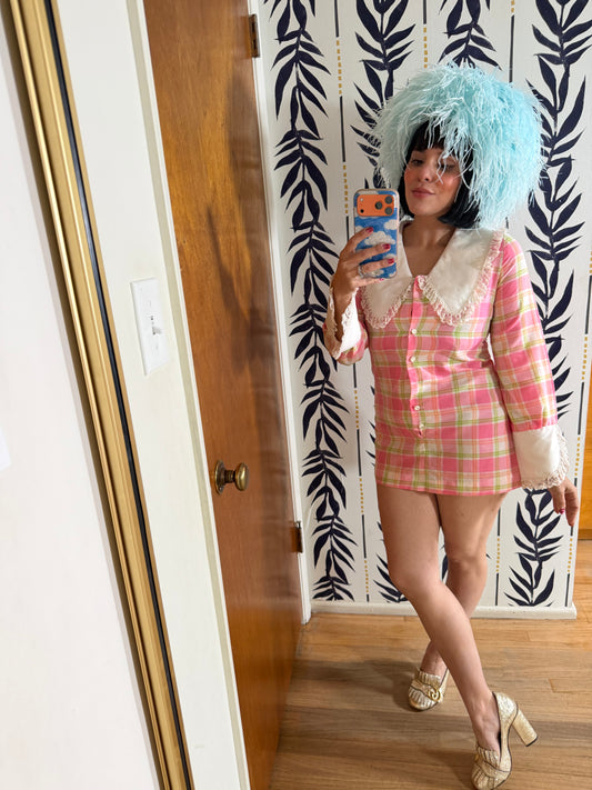 60s Pastel Pink Plaid Ultra Mini Tunic Dress Fits XS-SM