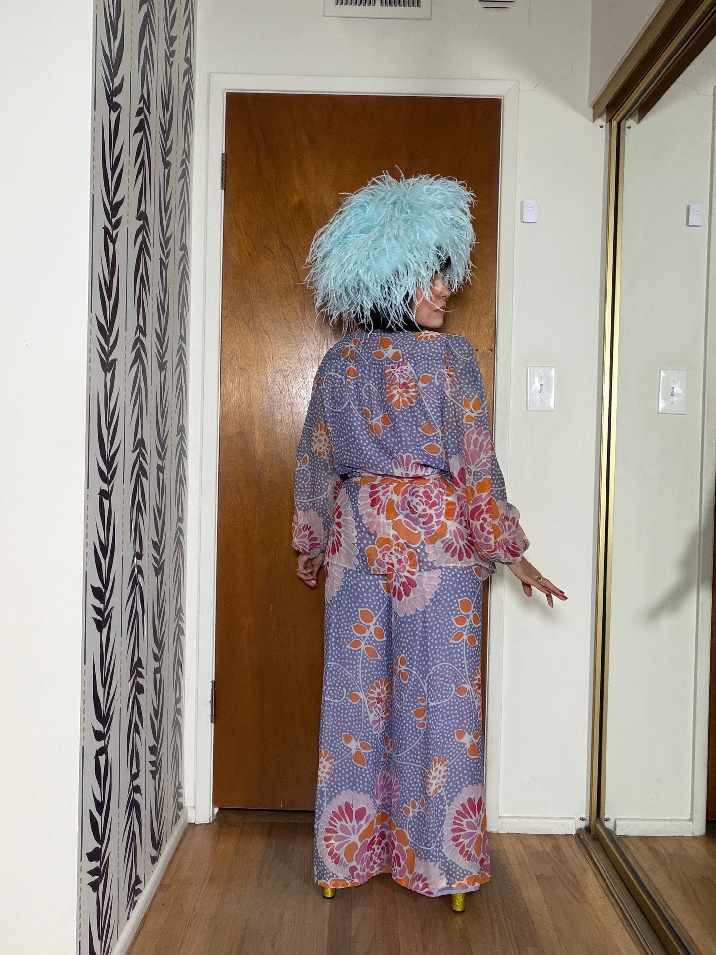 Vintage 60s Floral Silk Chiffon Pant Set by Albert Capraro Fits XS-M