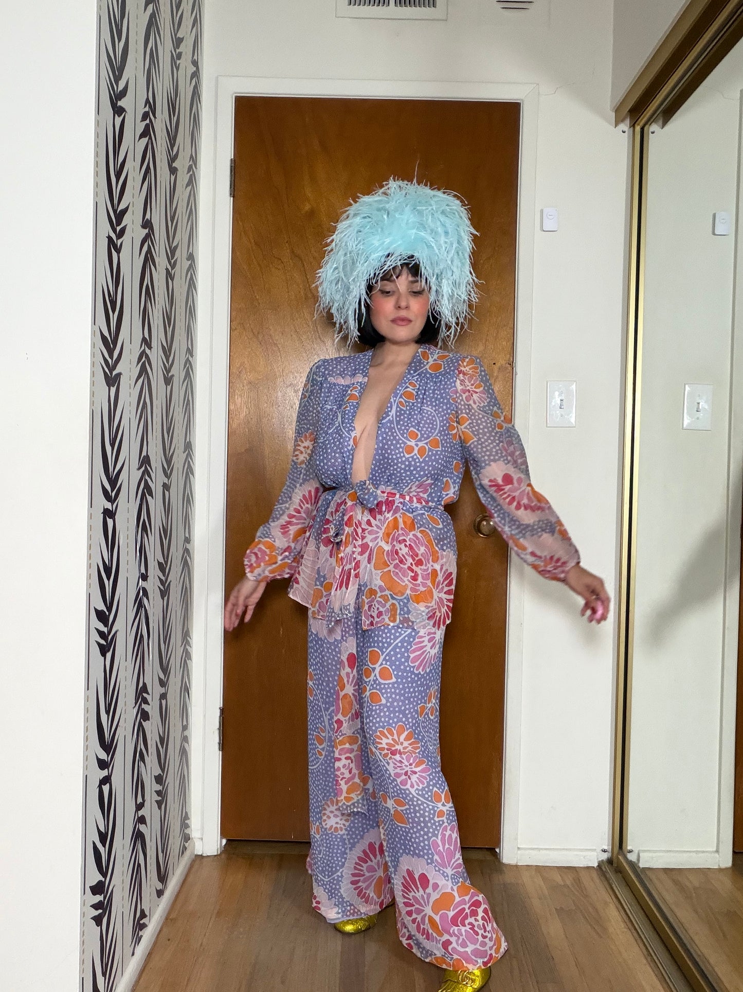 Vintage 60s Floral Silk Chiffon Pant Set by Albert Capraro Fits XS-M