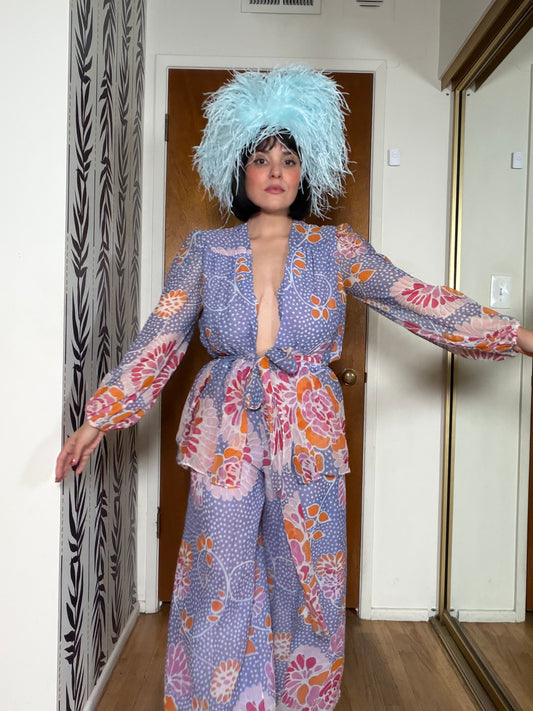 Vintage 60s Floral Silk Chiffon Pant Set by Albert Capraro Fits XS-M