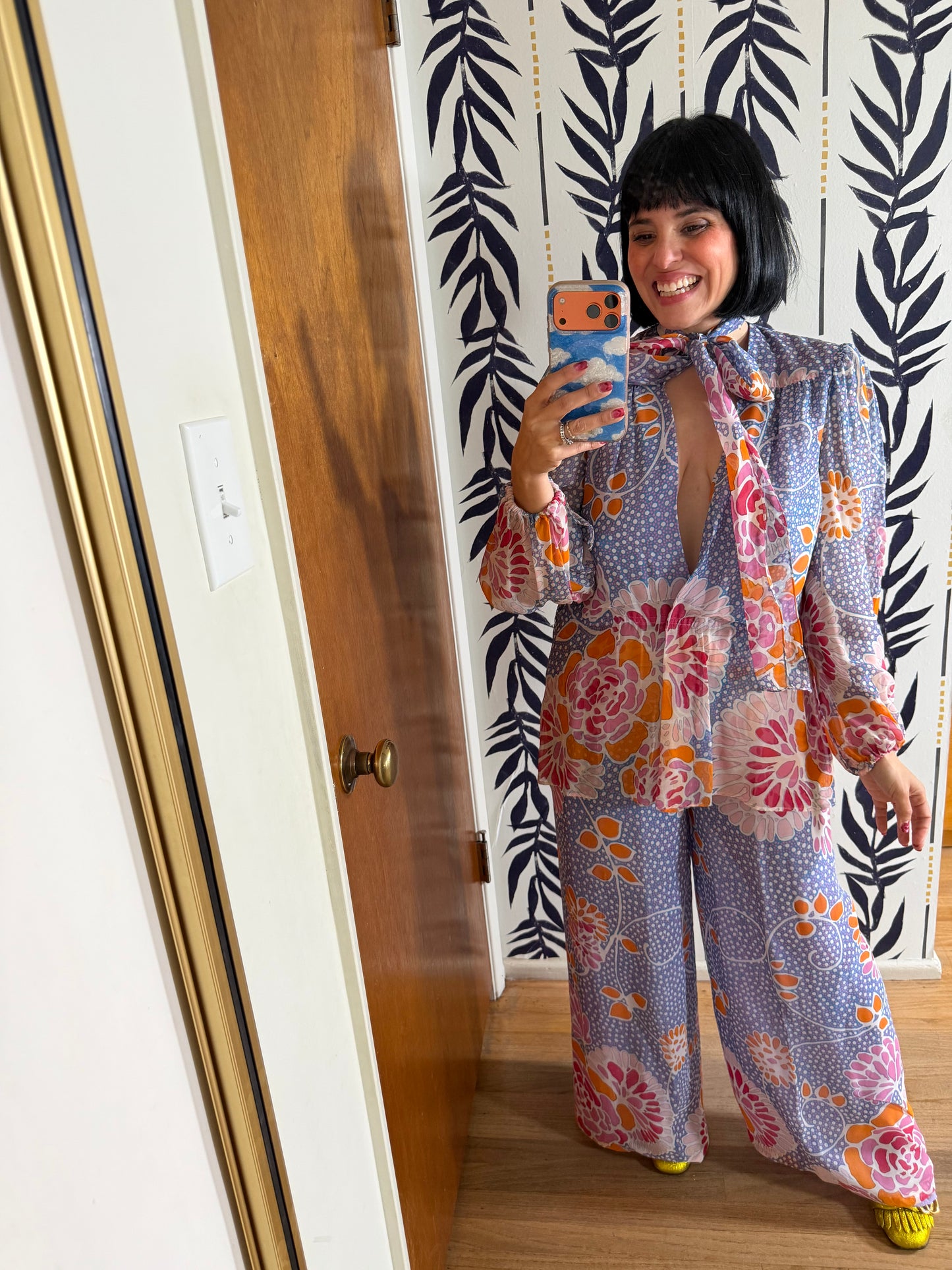 Vintage 60s Floral Silk Chiffon Pant Set by Albert Capraro Fits XS-M