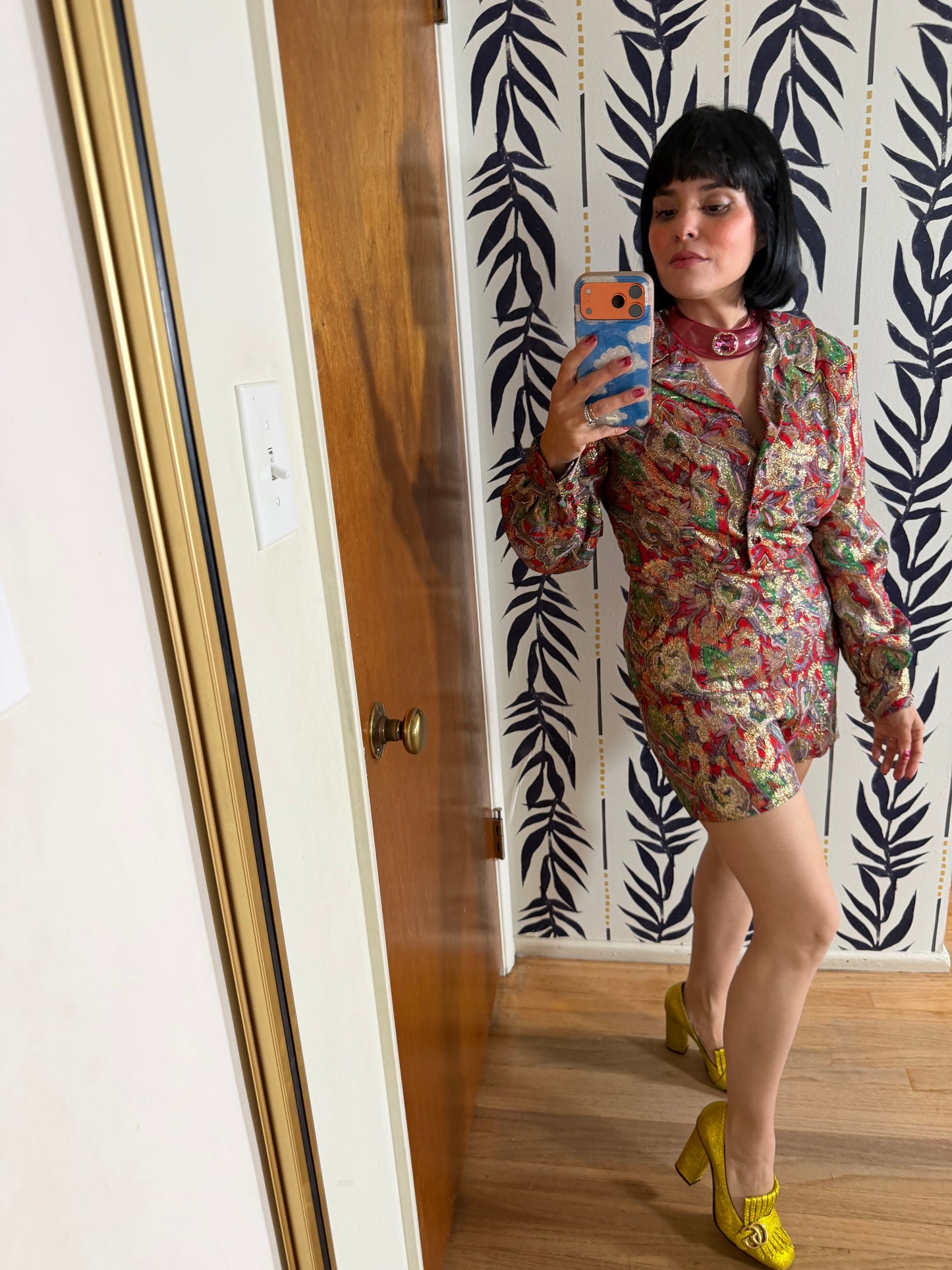 Vintage 60s Red Brocade Paisley Hostess Set by Tina Weiss Fits XS-SM and Possible size M