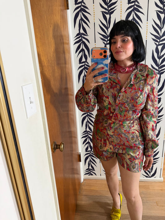 Vintage 60s Red Brocade Paisley Hostess Set by Tina Weiss Fits XS-SM and Possible size M